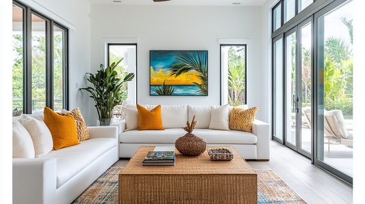 Serene Caribbean beach landscape art in a calming bedroom, featuring soft blues and ocean views.