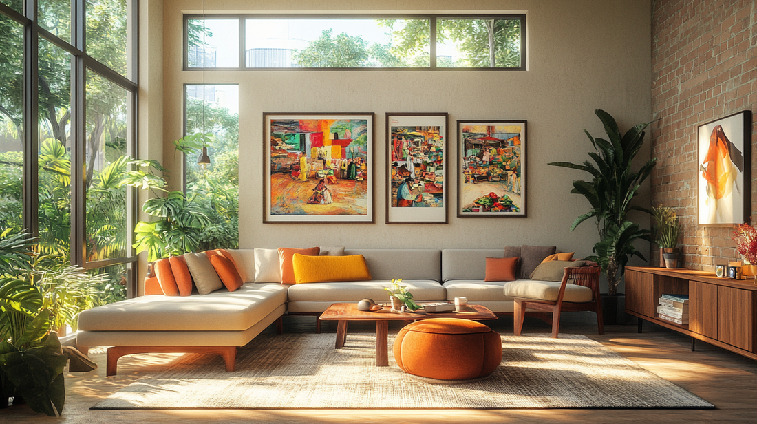 Vibrant Caribbean art in a bright living room, featuring colorful tropical landscapes and market scenes.