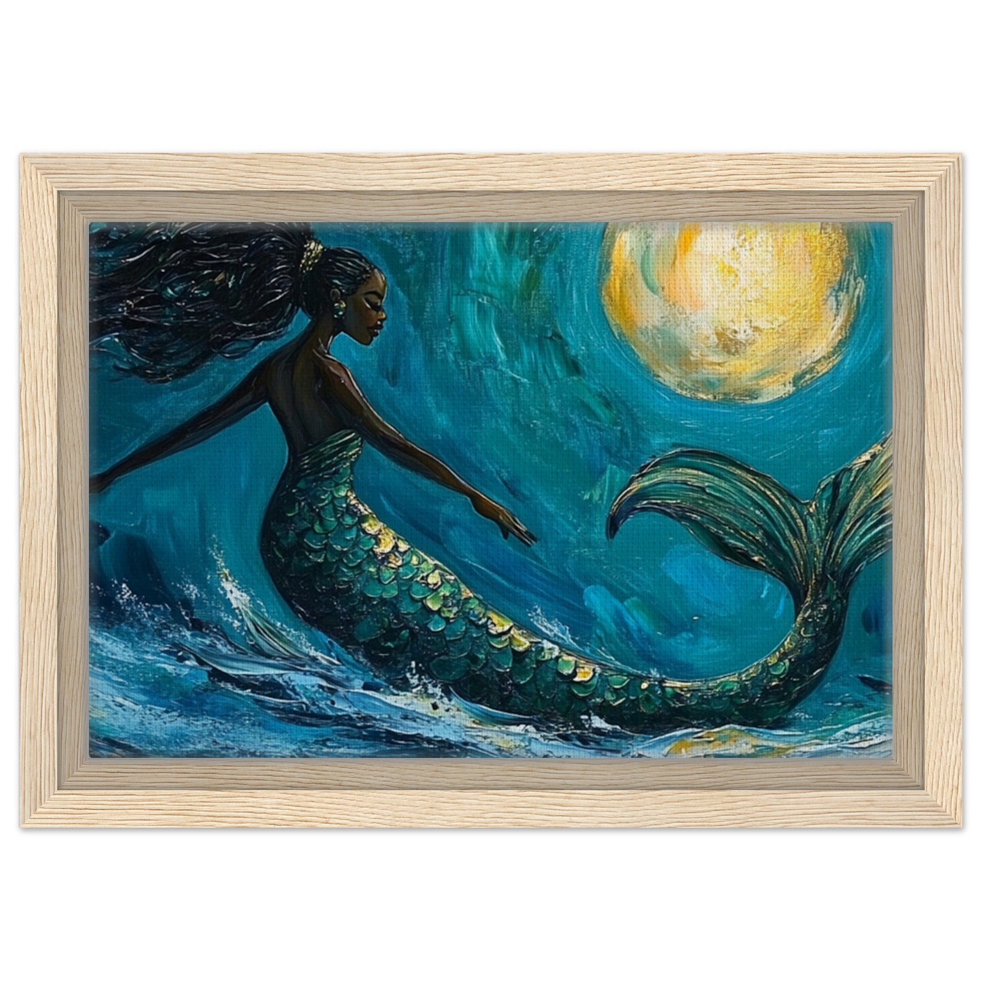 Framed Black Mermaid Canvas – Vibrant Ocean Dance Under Moonlight for Cultural Home Decor - MoomZee Artwork - Posters, Prints, & Visual Artwork