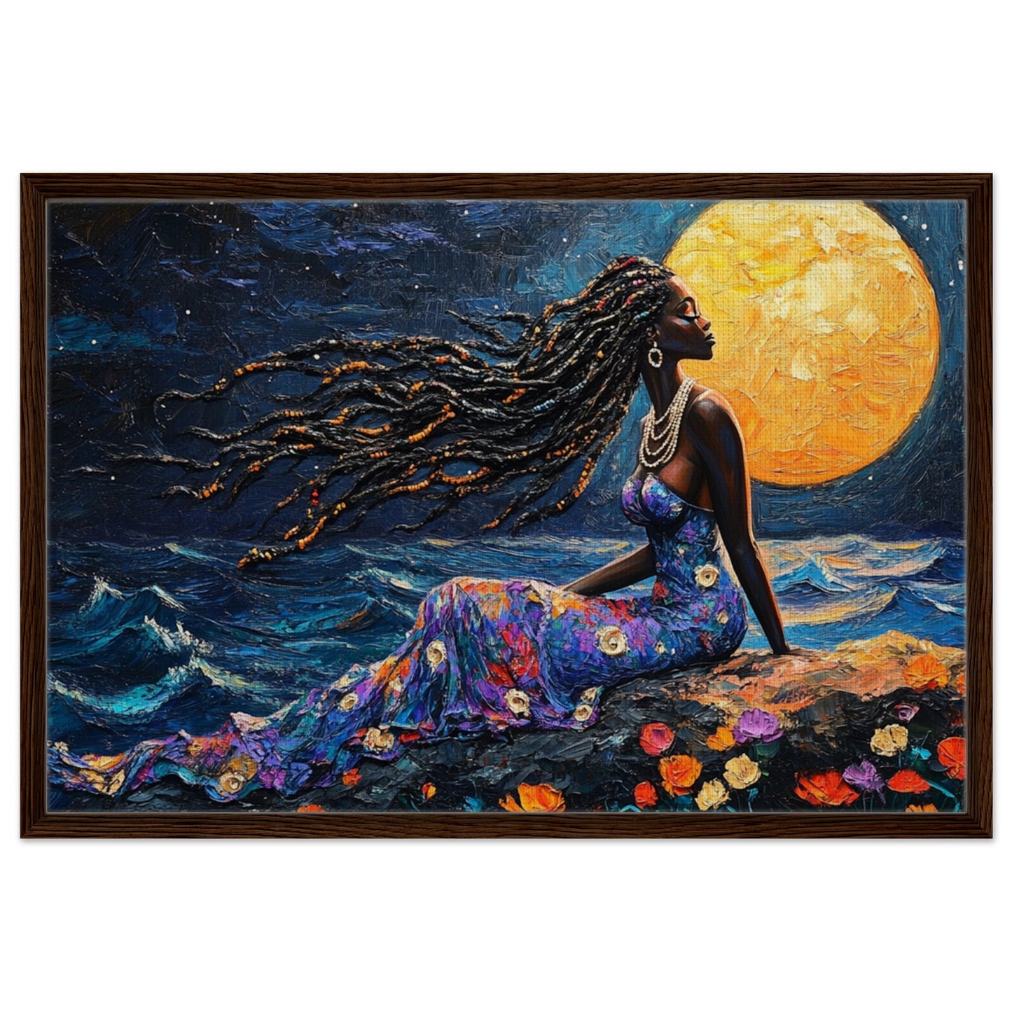 Empowering Black Woman in Moonlit Serenity - Framed Canvas Art for Cultural Pride and Home Elegance - MoomZee Artwork - Print Material