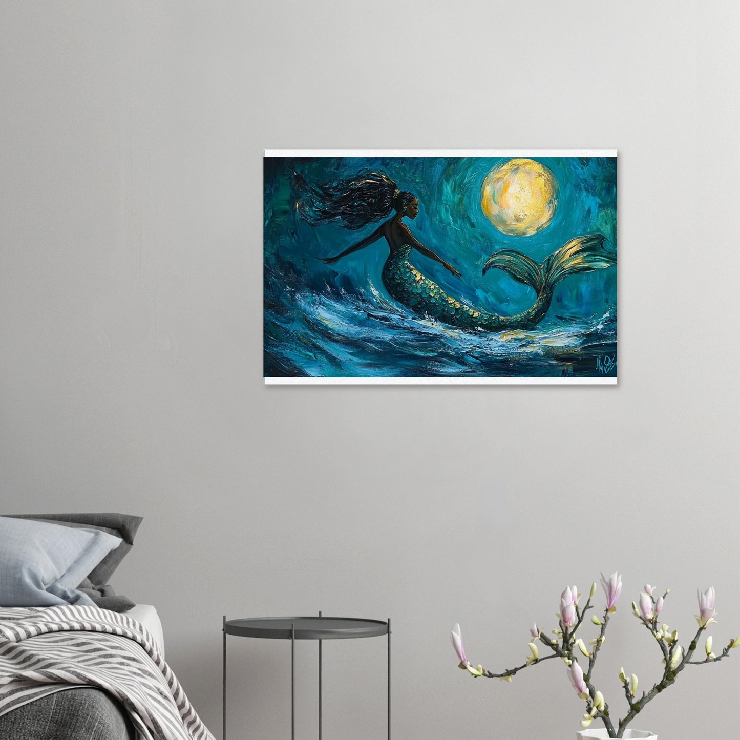 Black Mermaid Canvas Print – Ocean Dance Under Moonlight for Inspiring Home Decor - MoomZee Artwork - Posters, Prints, & Visual Artwork