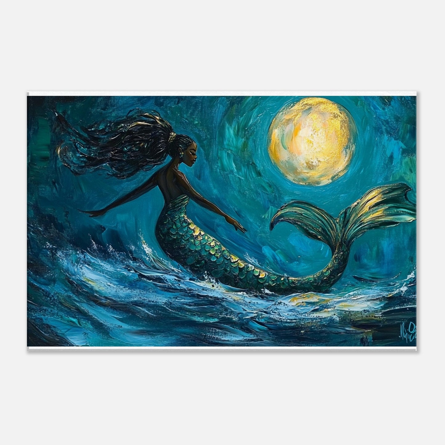 Black Mermaid Canvas Print – Ocean Dance Under Moonlight for Inspiring Home Decor - MoomZee Artwork - Posters, Prints, & Visual Artwork