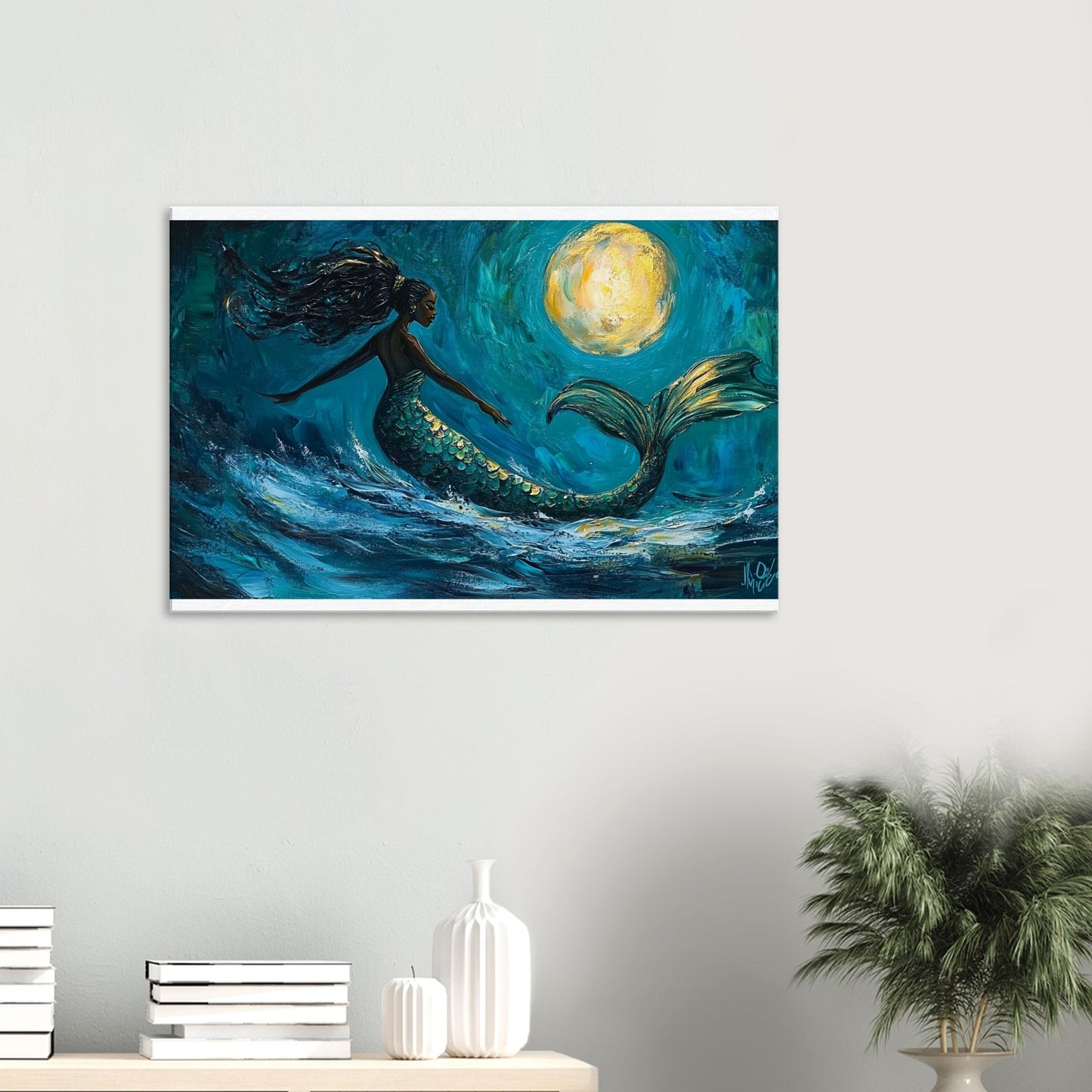 Black Mermaid Canvas Print – Ocean Dance Under Moonlight for Inspiring Home Decor - MoomZee Artwork - Posters, Prints, & Visual Artwork