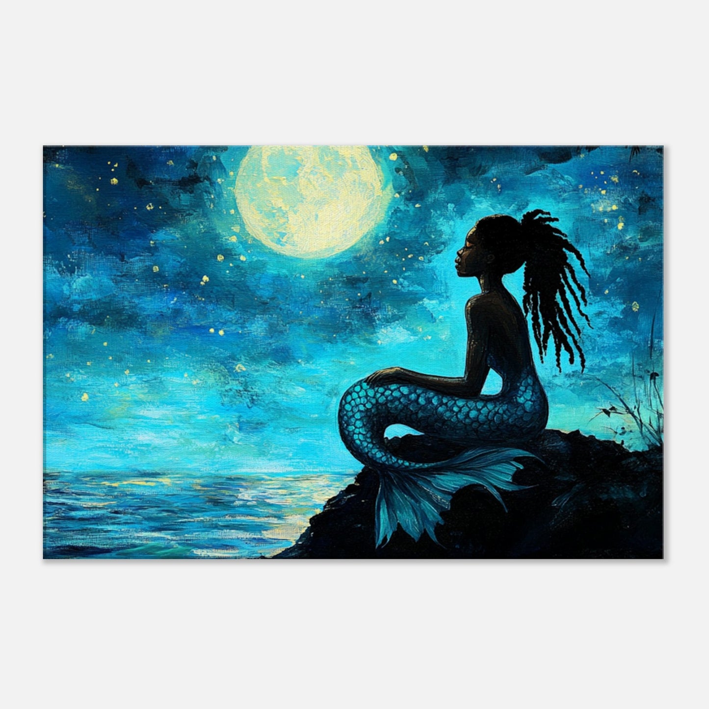 Serene Black Mermaid Under Moonlight - MoomZee Artwork - Posters, Prints, & Visual Artwork