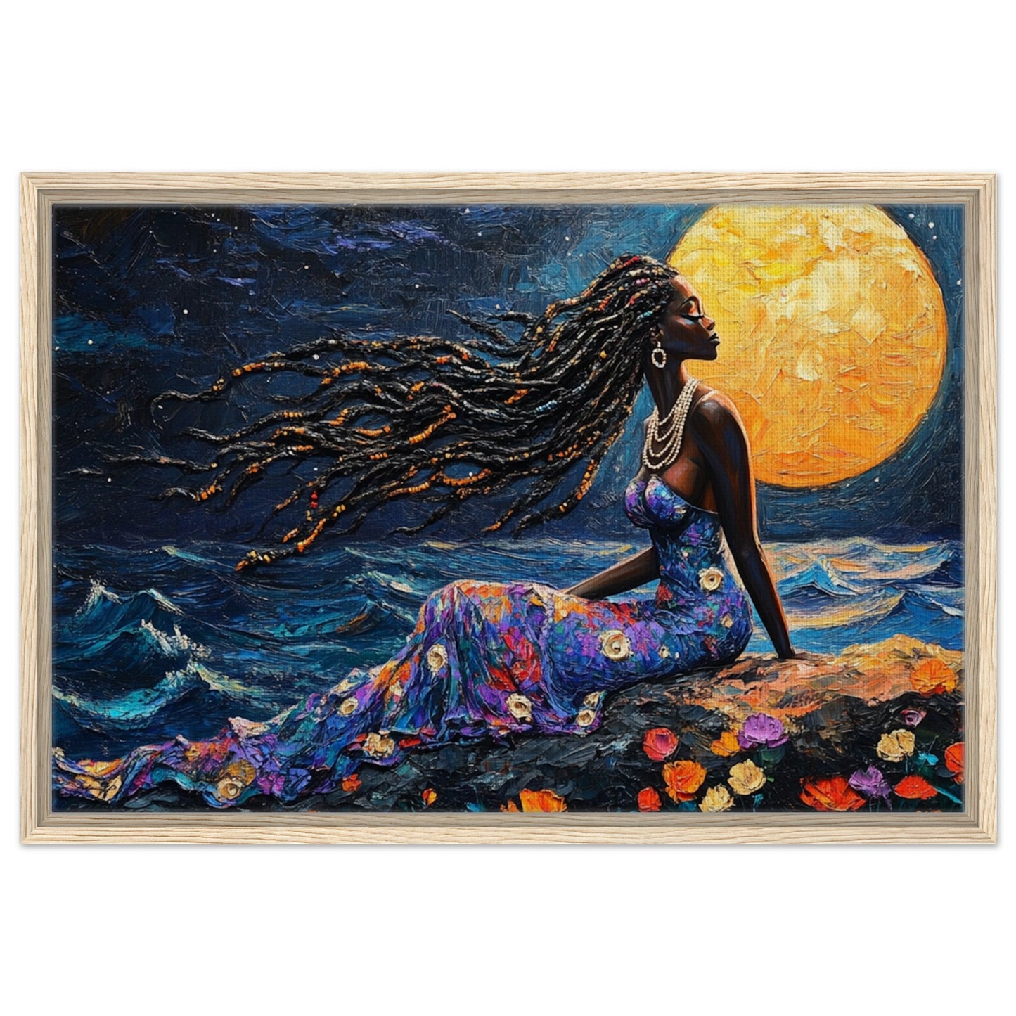 Empowering Black Woman in Moonlit Serenity - Framed Canvas Art for Cultural Pride and Home Elegance - MoomZee Artwork - Print Material