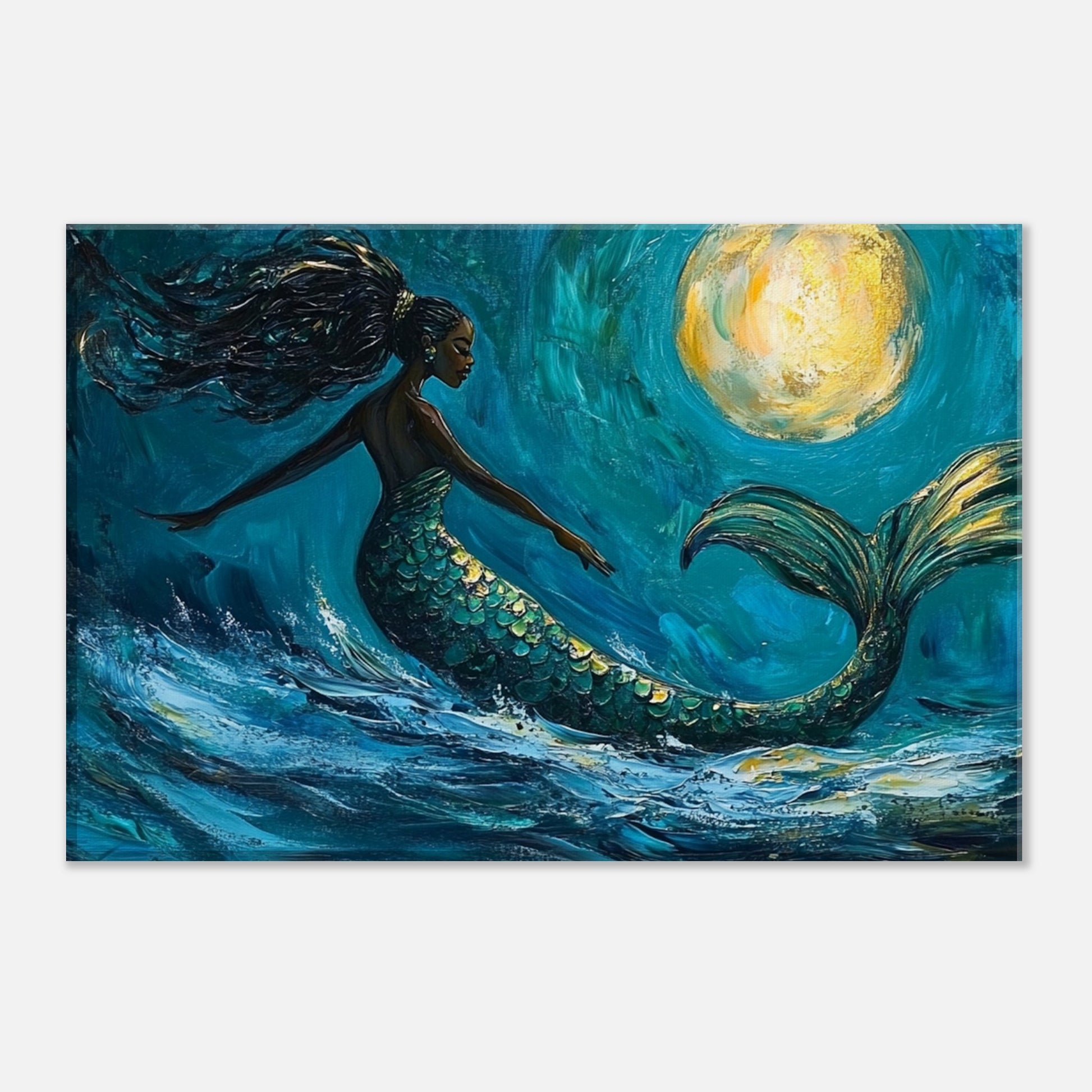 Black Mermaid Canvas Print – Ocean Dance Under Moonlight for Inspiring Home Decor - MoomZee Artwork - Posters, Prints, & Visual Artwork