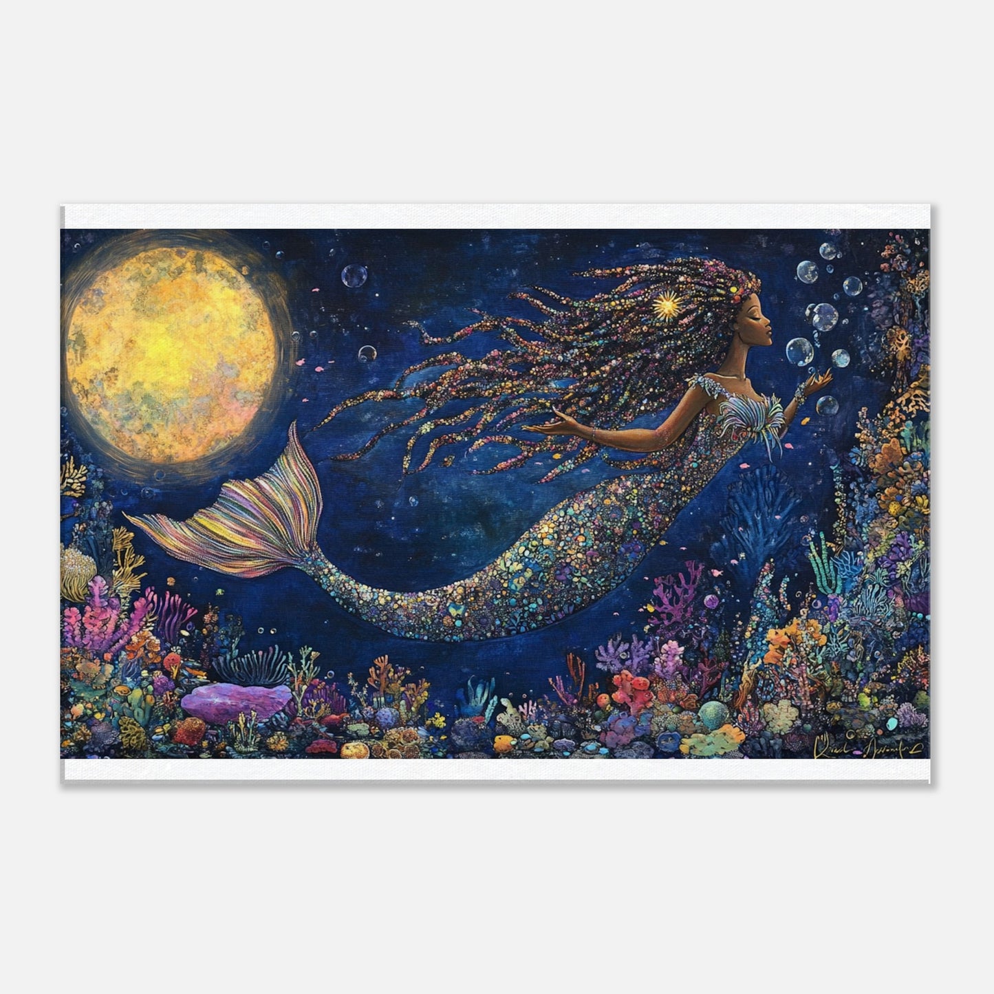 Black Mermaid Canvas Print – Underwater Enchantment with Full Moon and Coral Reef for Inspiring Decor - MoomZee Artwork - Print Material