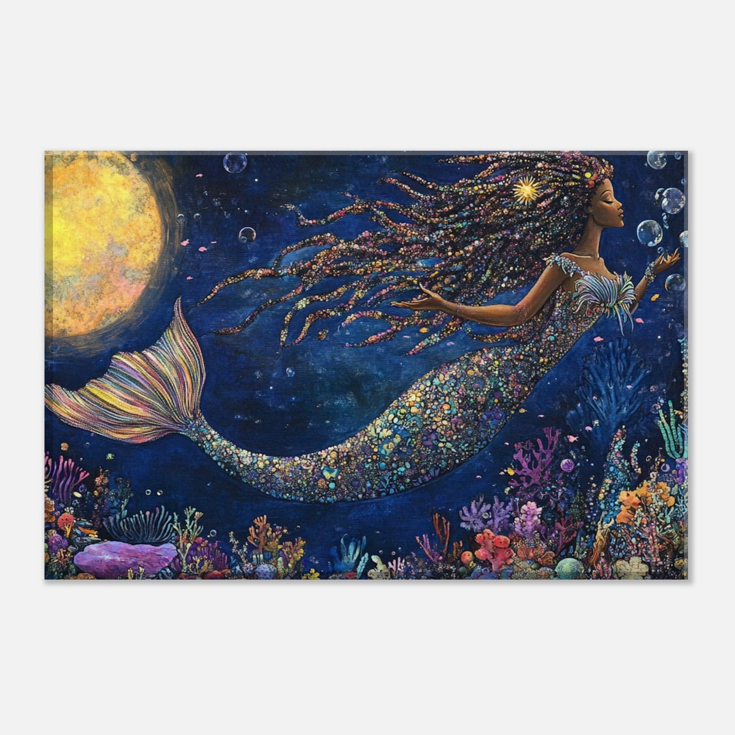 Black Mermaid Canvas Print – Underwater Enchantment with Full Moon and Coral Reef for Inspiring Decor - MoomZee Artwork - Print Material