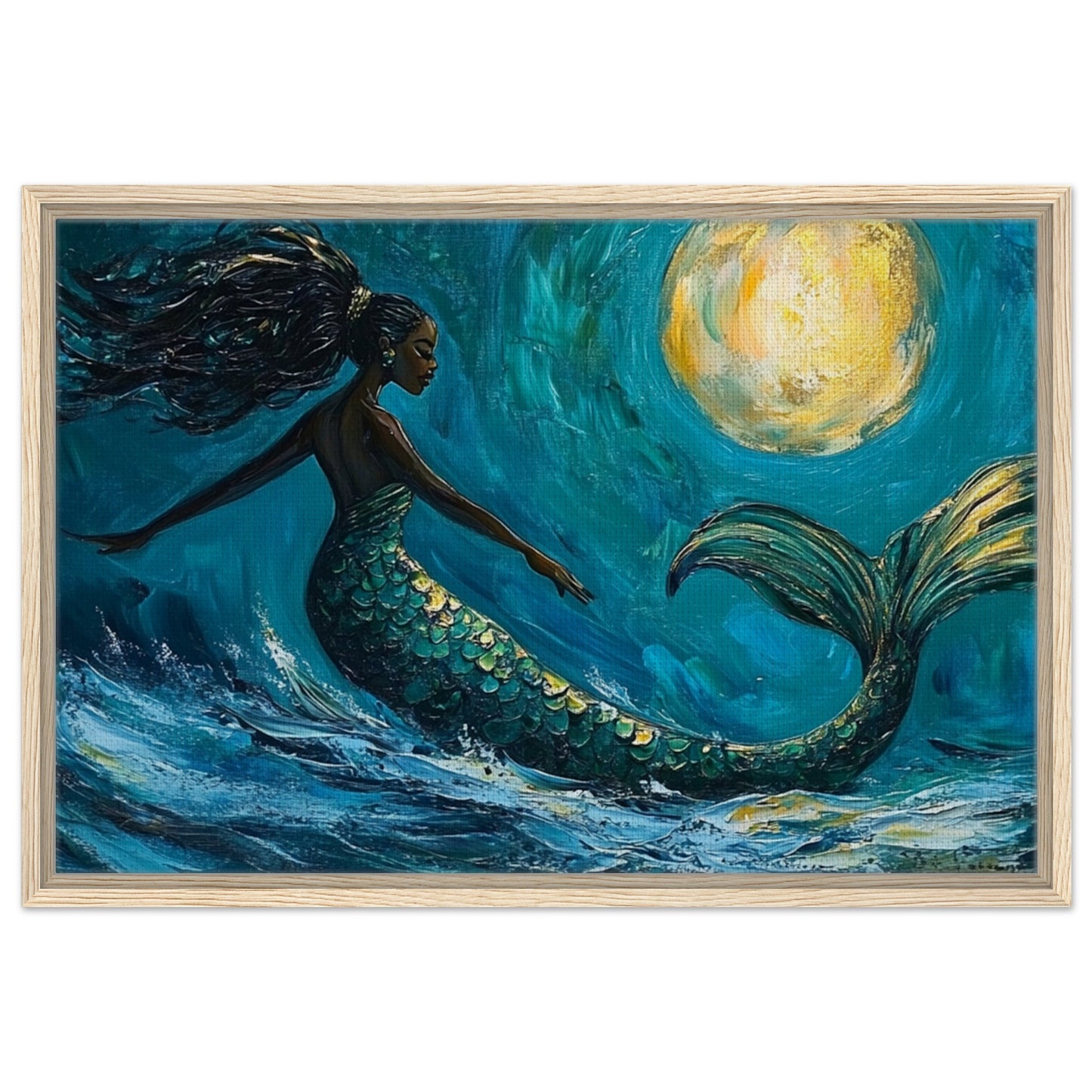 Framed Black Mermaid Canvas – Vibrant Ocean Dance Under Moonlight for Cultural Home Decor - MoomZee Artwork - Posters, Prints, & Visual Artwork