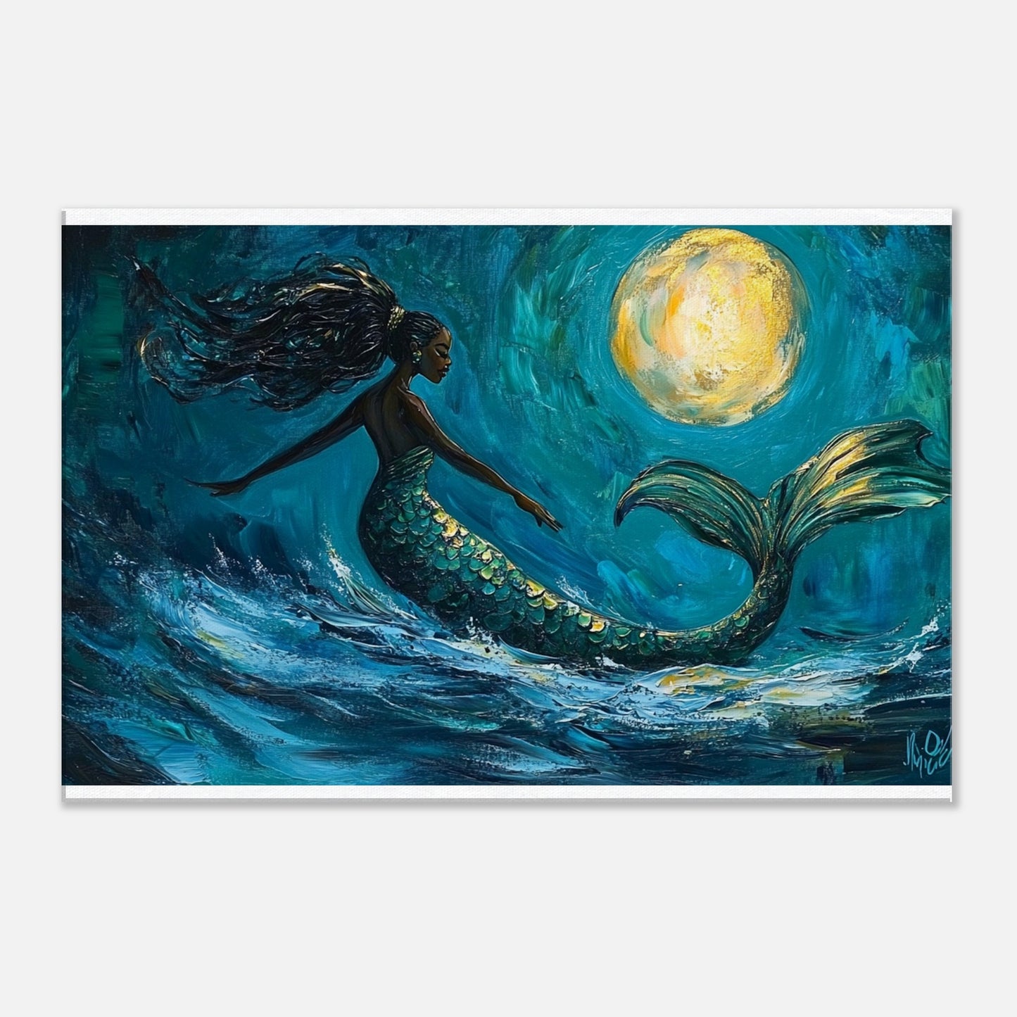 Black Mermaid Canvas Print – Ocean Dance Under Moonlight for Inspiring Home Decor - MoomZee Artwork - Posters, Prints, & Visual Artwork