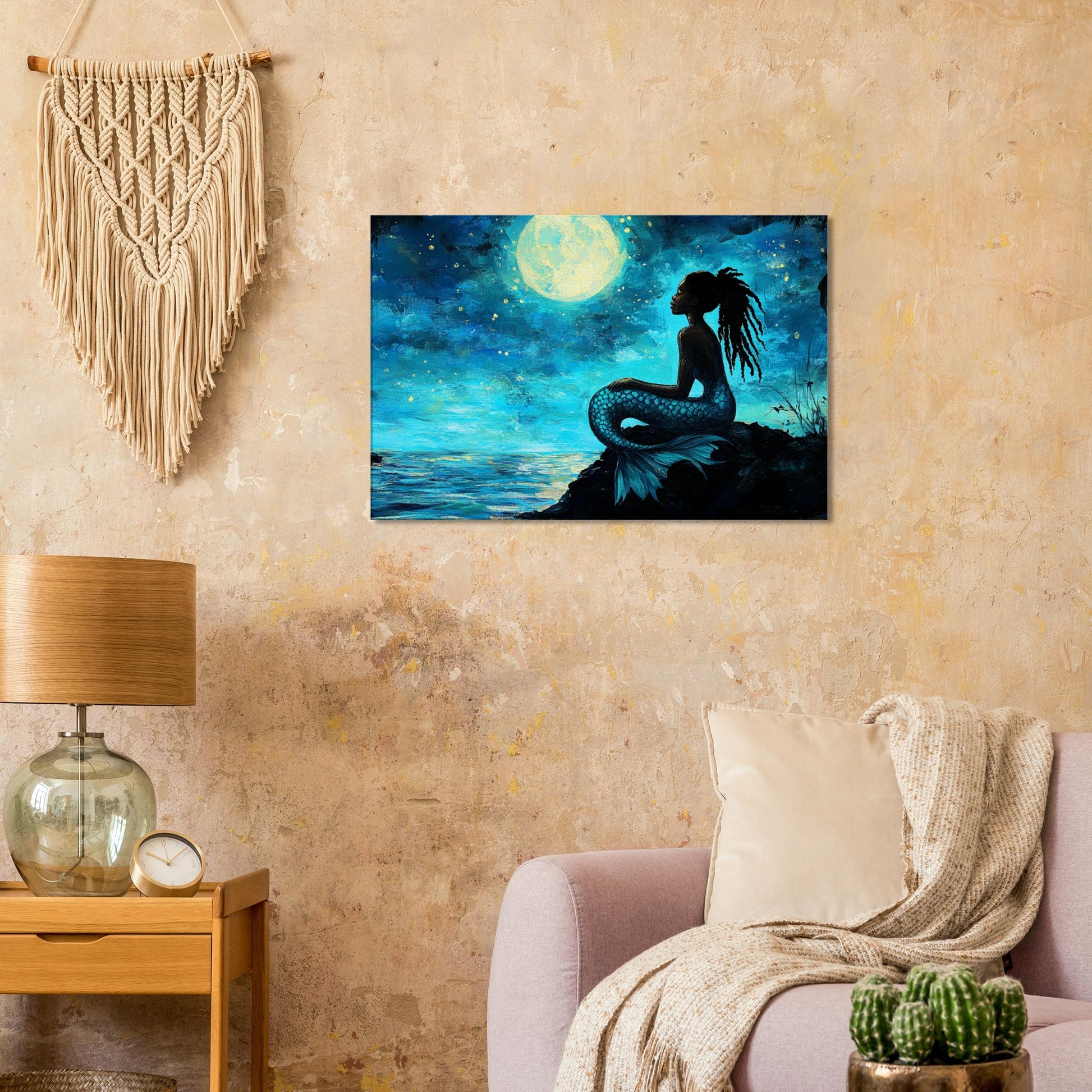 Serene Black Mermaid Under Moonlight - MoomZee Artwork - Posters, Prints, & Visual Artwork