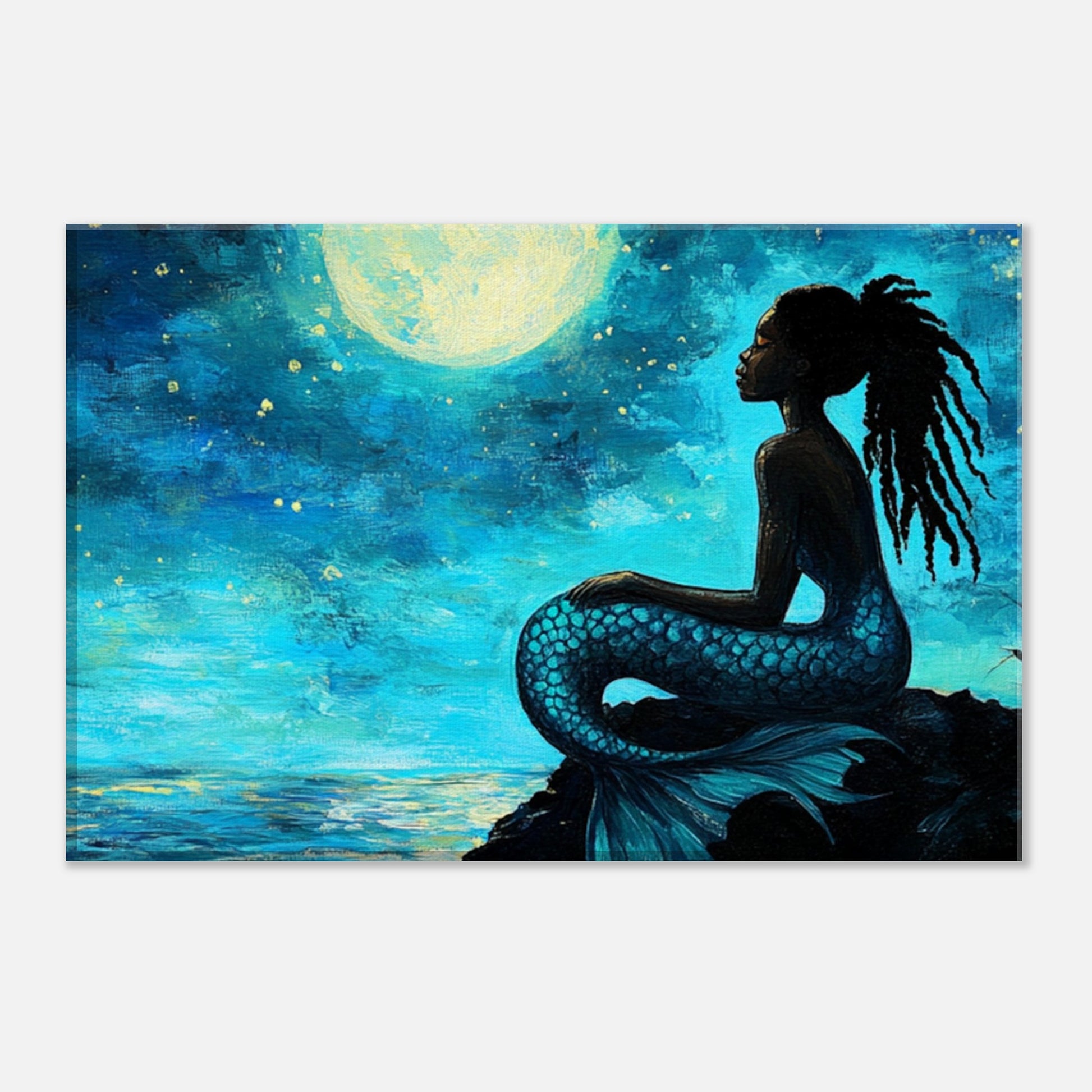 Serene Black Mermaid Under Moonlight - MoomZee Artwork - Posters, Prints, & Visual Artwork