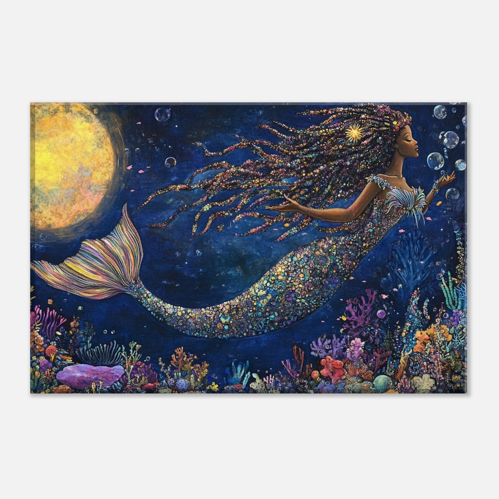 Black Mermaid Canvas Print – Underwater Enchantment with Full Moon and Coral Reef for Inspiring Decor - MoomZee Artwork - Print Material