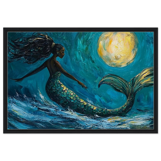 Framed Black Mermaid Canvas – Vibrant Ocean Dance Under Moonlight for Cultural Home Decor - MoomZee Artwork - Posters, Prints, & Visual Artwork