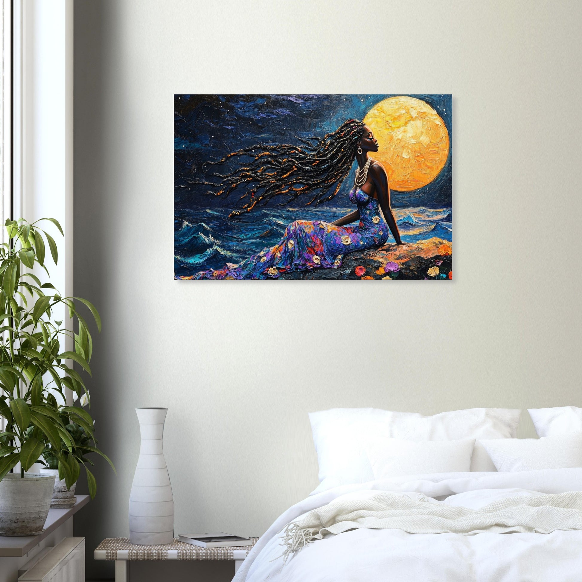 African American Mermaid in Moonlit Ocean | Enchanting Black Mermaid Art Print | Caribbean-Inspired Wall Decor - MoomZee Artwork - Posters, Prints, & Visual Artwork