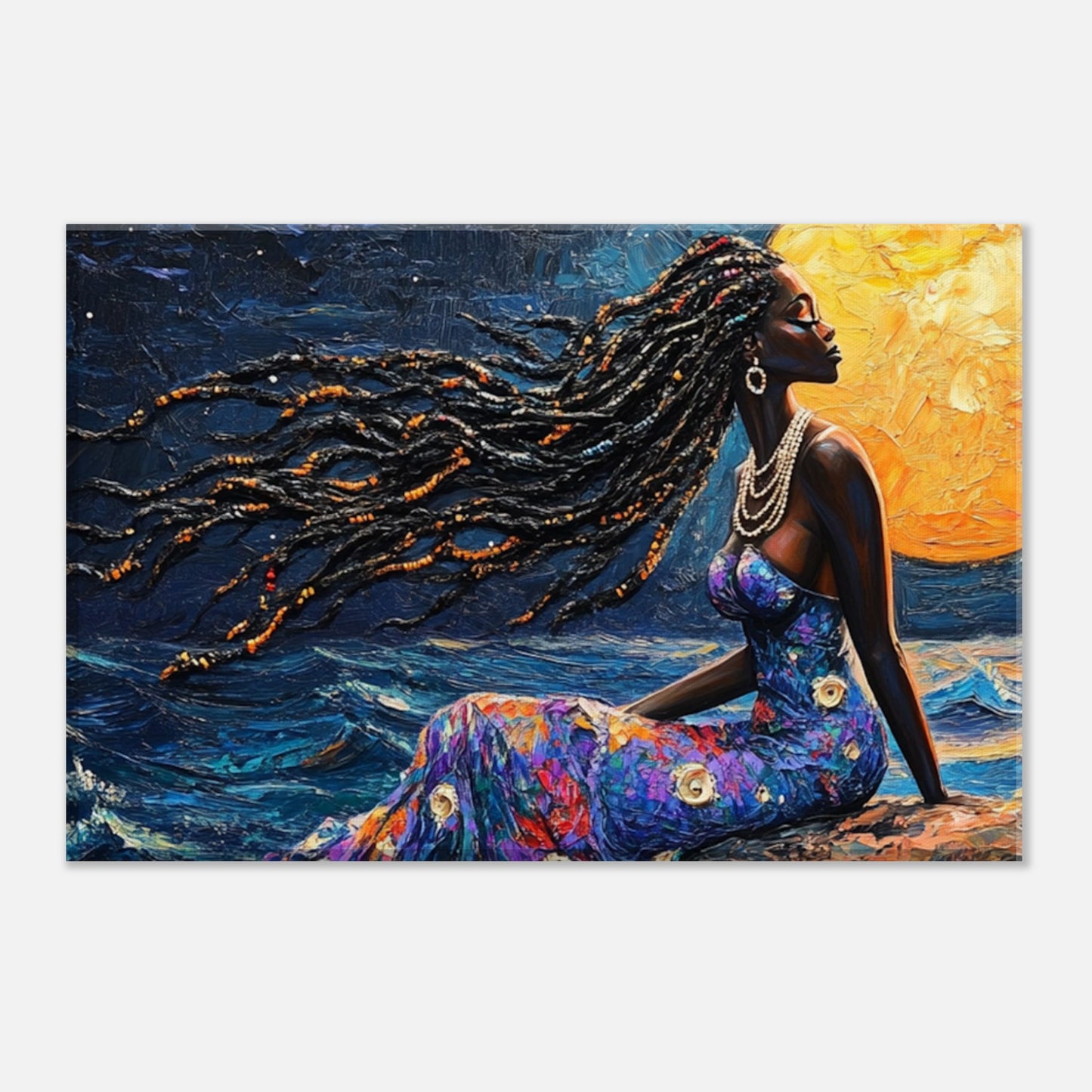 African American Mermaid in Moonlit Ocean | Enchanting Black Mermaid Art Print | Caribbean-Inspired Wall Decor - MoomZee Artwork - Posters, Prints, & Visual Artwork