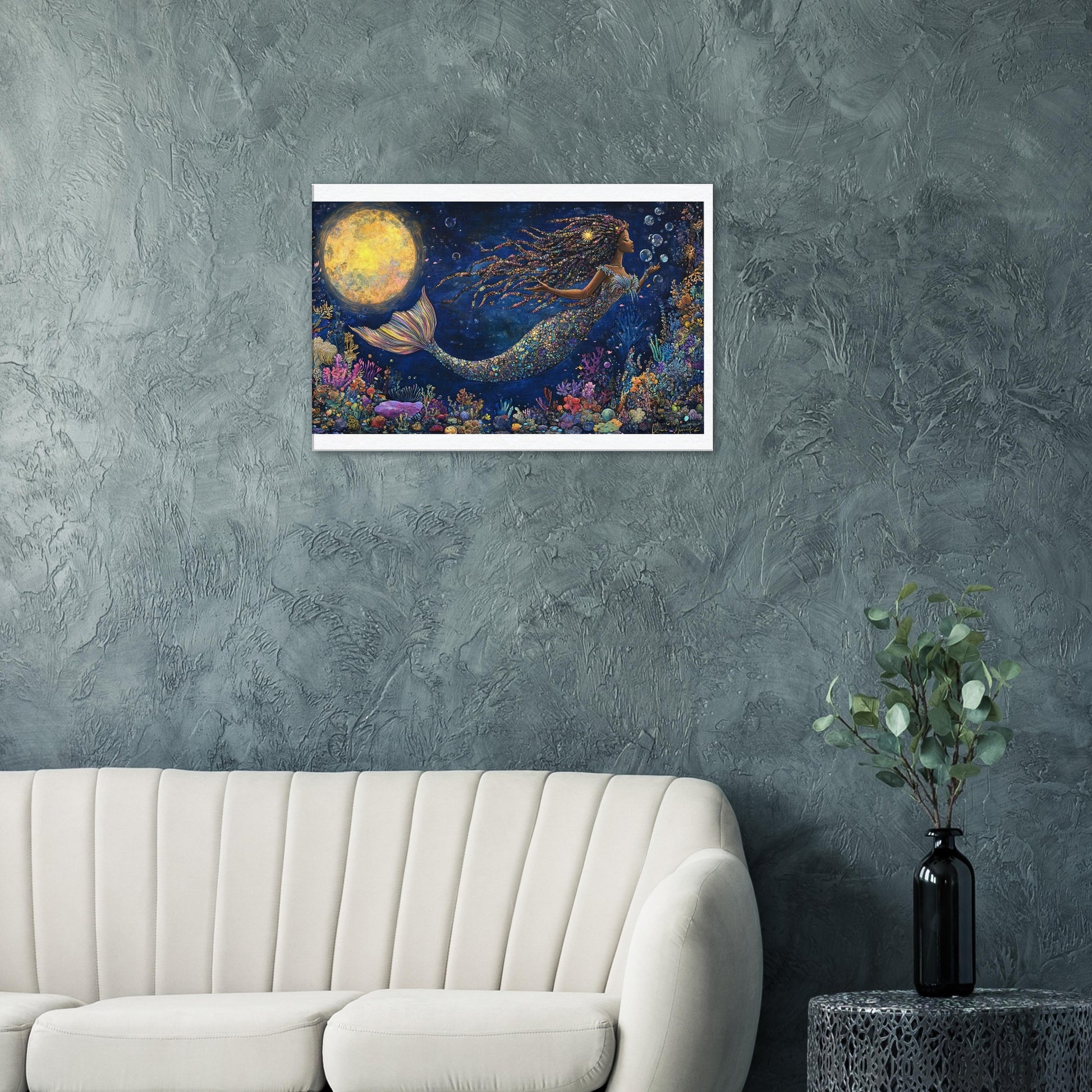 Black Mermaid Canvas Print – Underwater Enchantment with Full Moon and Coral Reef for Inspiring Decor - MoomZee Artwork - Print Material