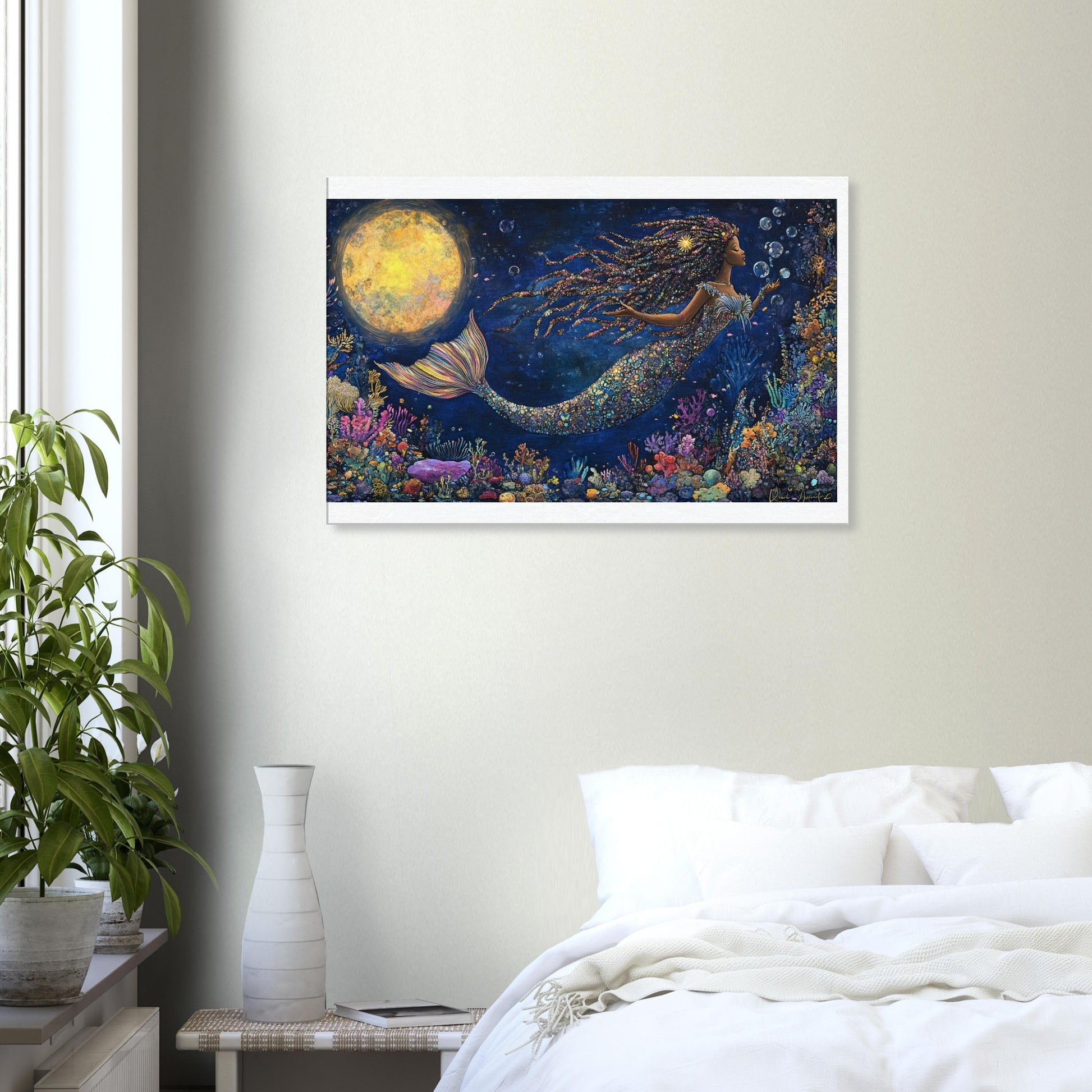 Black Mermaid Canvas Print – Underwater Enchantment with Full Moon and Coral Reef for Inspiring Decor - MoomZee Artwork - Print Material