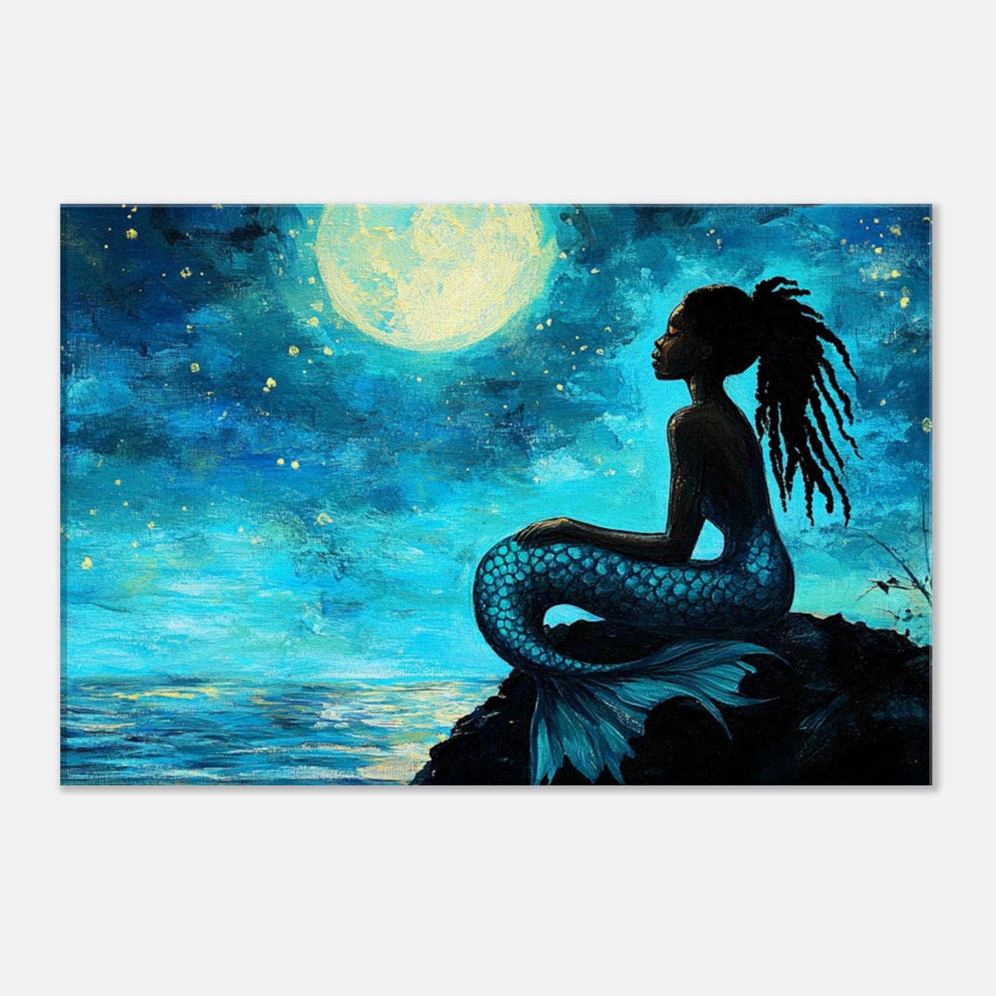 Serene Black Mermaid Under Moonlight - MoomZee Artwork - Posters, Prints, & Visual Artwork