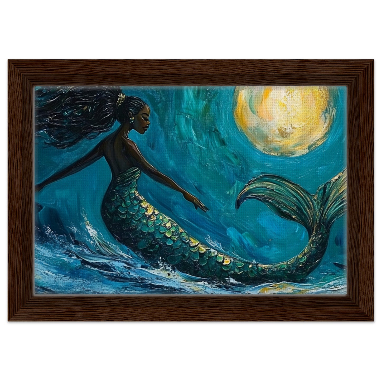 Framed Black Mermaid Canvas – Vibrant Ocean Dance Under Moonlight for Cultural Home Decor - MoomZee Artwork - Posters, Prints, & Visual Artwork