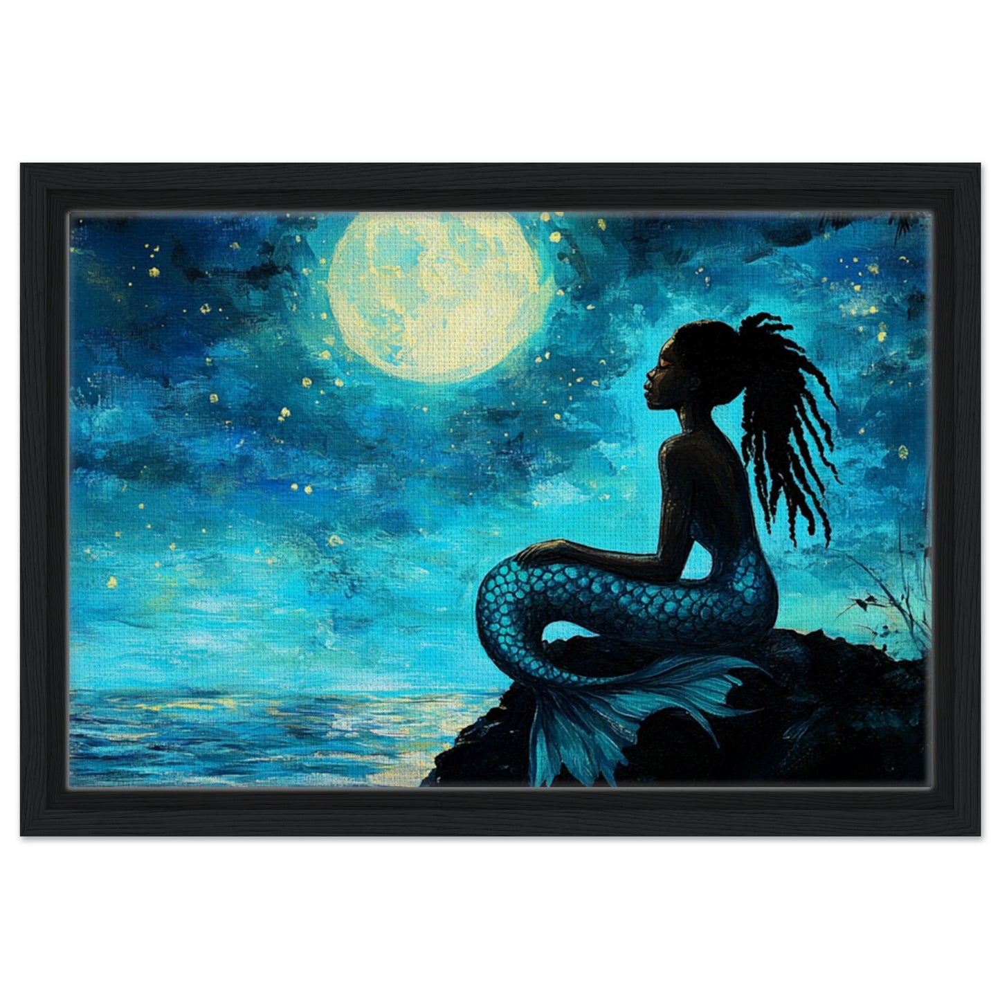 Serene Black Mermaid Under Moonlight - Framed Canvas Art - MoomZee Artwork - Posters, Prints, & Visual Artwork