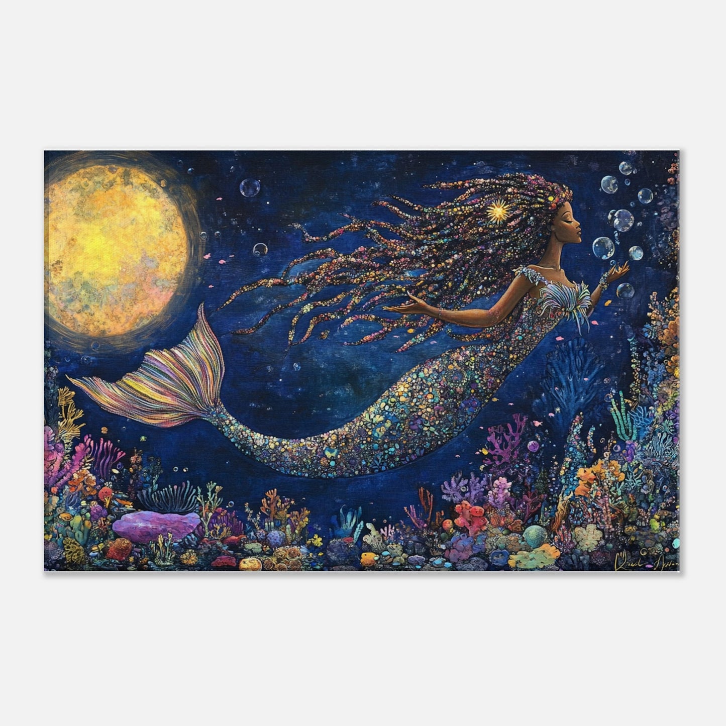 Black Mermaid Canvas Print – Underwater Enchantment with Full Moon and Coral Reef for Inspiring Decor - MoomZee Artwork - Print Material