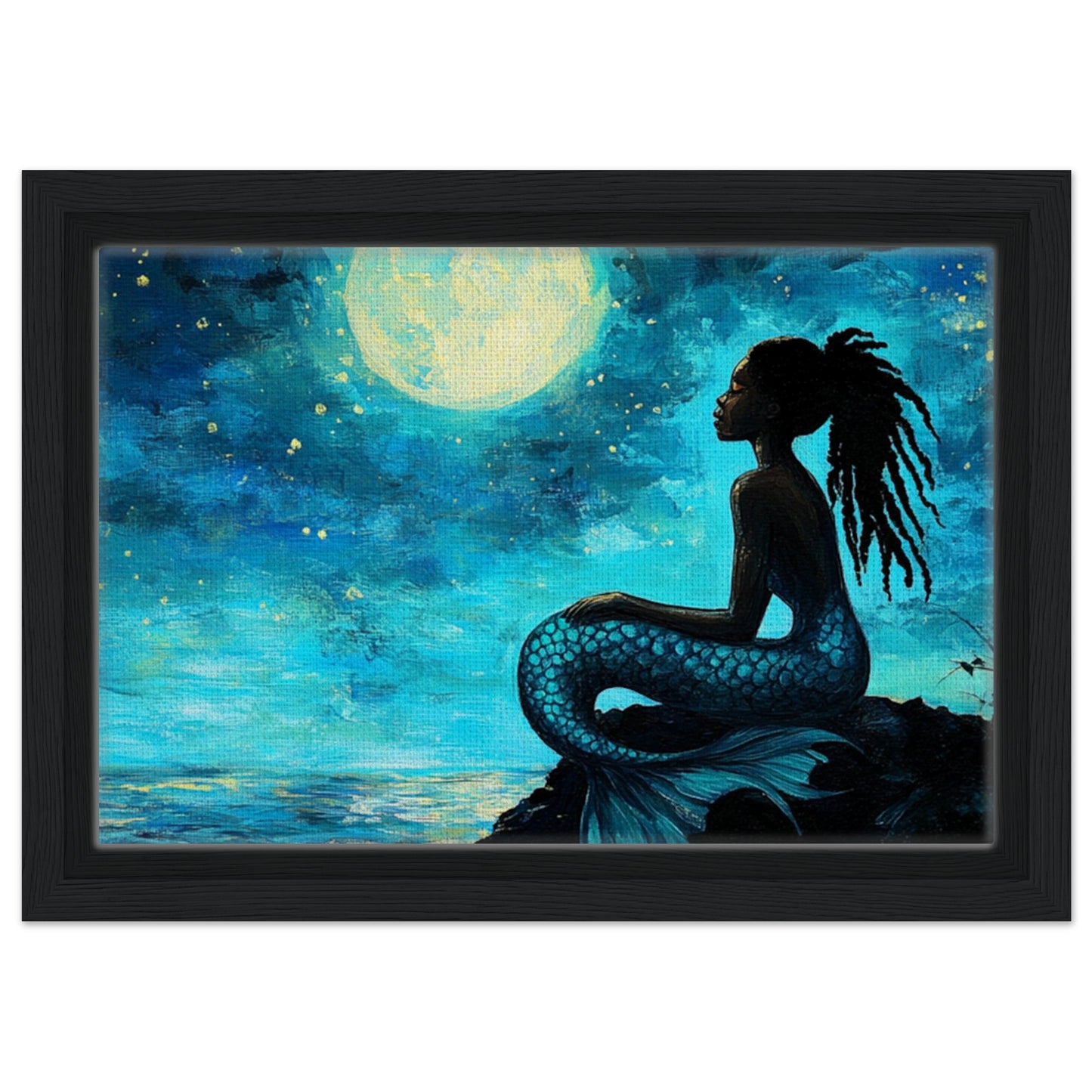 Serene Black Mermaid Under Moonlight - Framed Canvas Art - MoomZee Artwork - Posters, Prints, & Visual Artwork