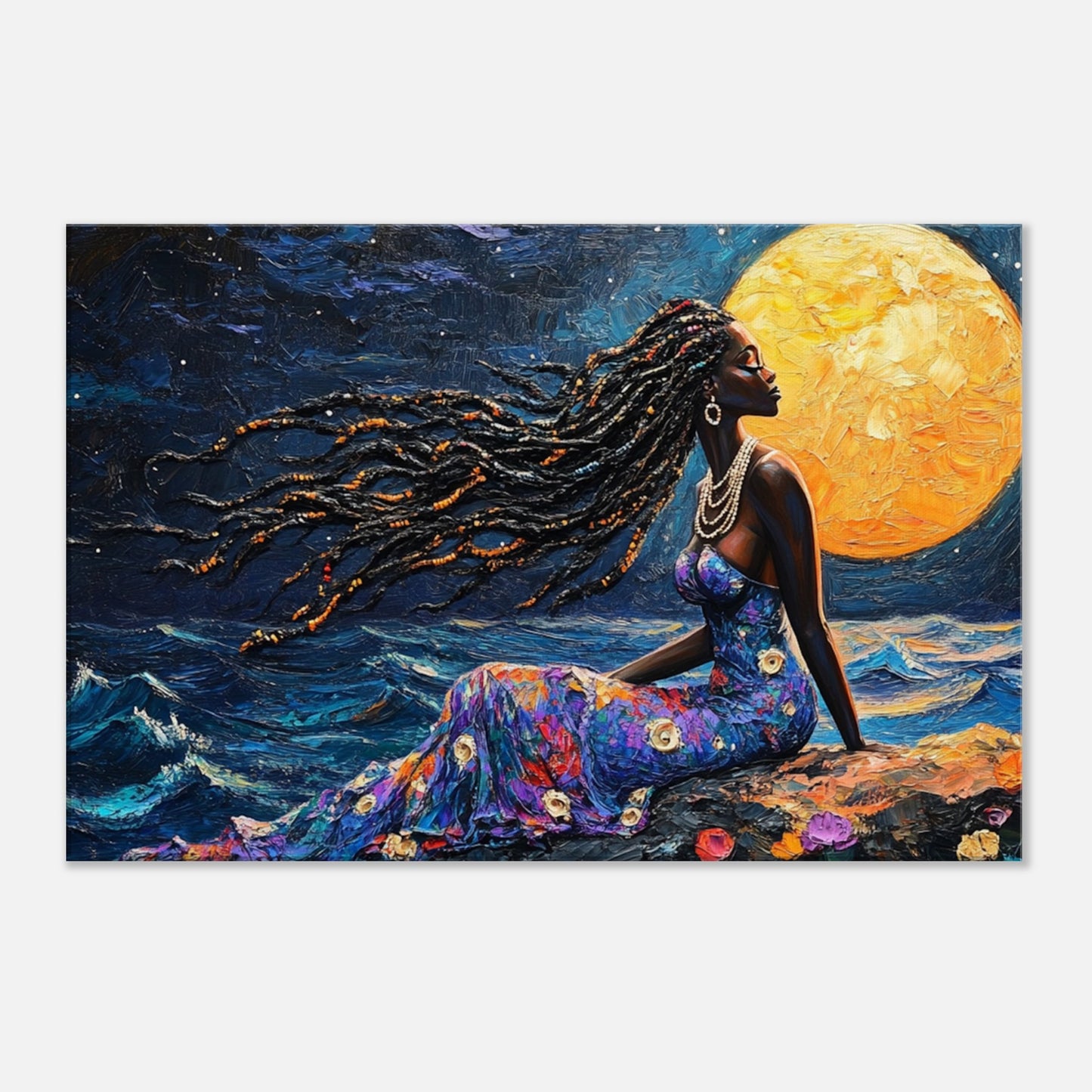 African American Mermaid in Moonlit Ocean | Enchanting Black Mermaid Art Print | Caribbean-Inspired Wall Decor - MoomZee Artwork - Posters, Prints, & Visual Artwork