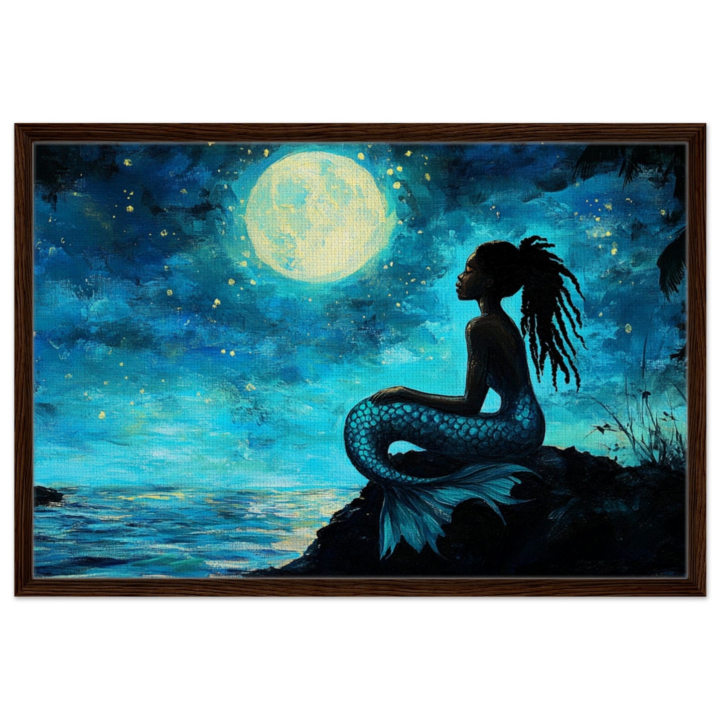 Serene Black Mermaid Under Moonlight - Framed Canvas Art - MoomZee Artwork - Posters, Prints, & Visual Artwork