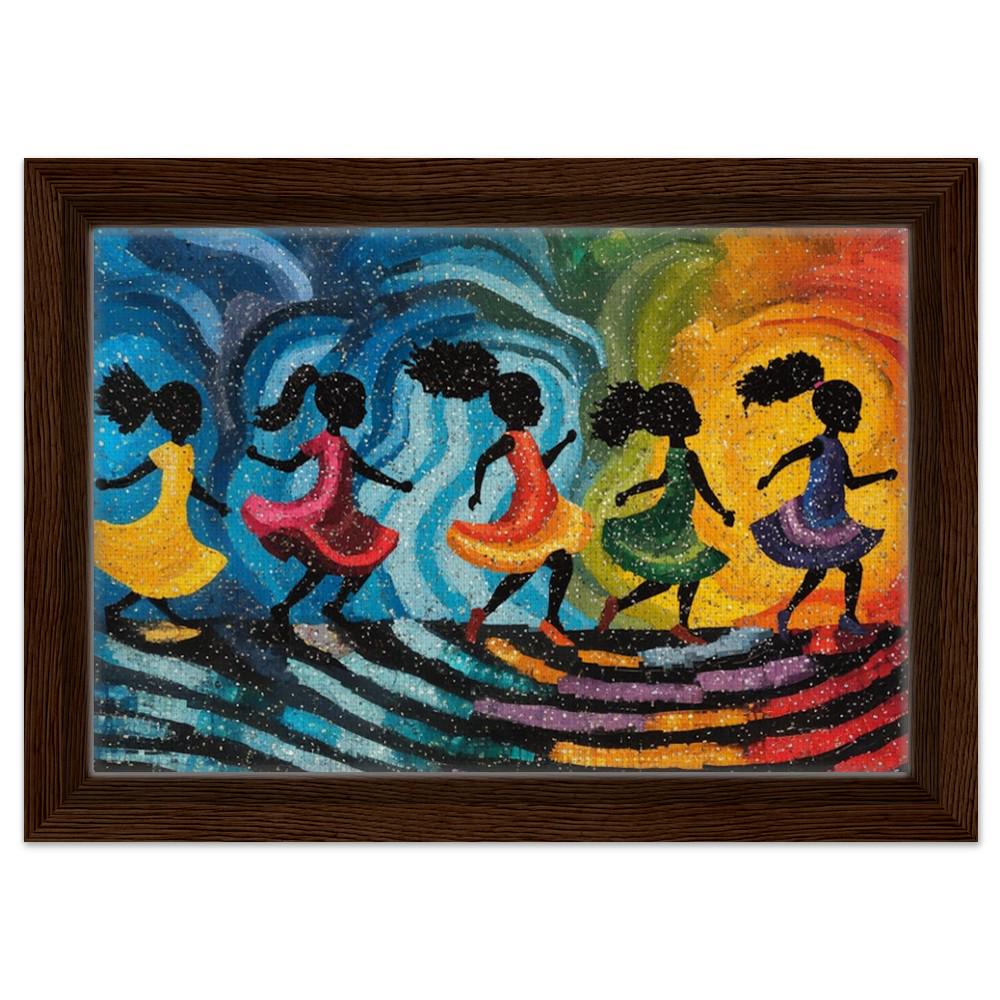 Abstract Black Girls Dancing Canvas Print - Vibrant Art for Living Room Decor - Celebrate Cultural Joy and Movement - MoomZee Artwork -