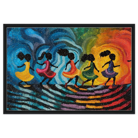 Abstract Black Girls Dancing Canvas Print - Vibrant Art for Living Room Decor - Celebrate Cultural Joy and Movement - MoomZee Artwork -