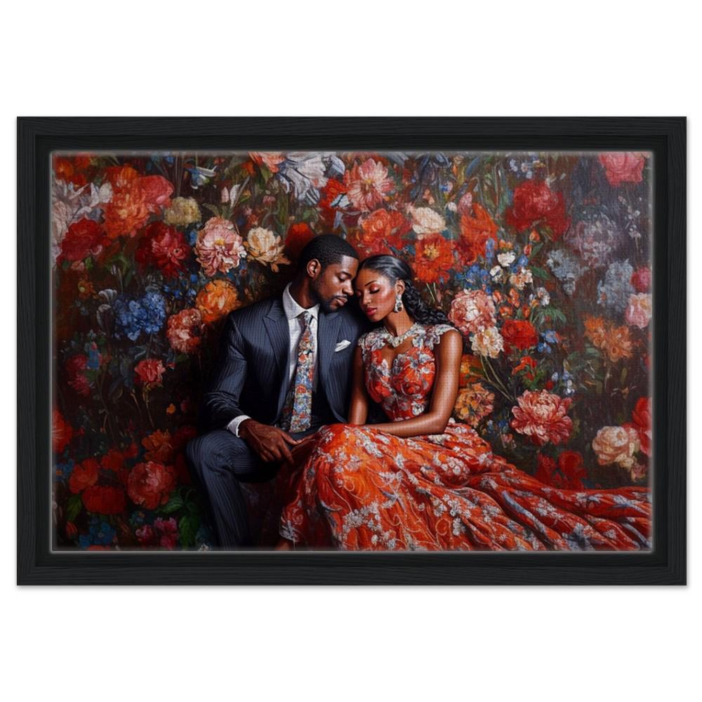 African American Giclée Canvas Print: Romantic Black Couple Floral Art for Living Room Decor and Wedding Gifts - MoomZee Artwork -