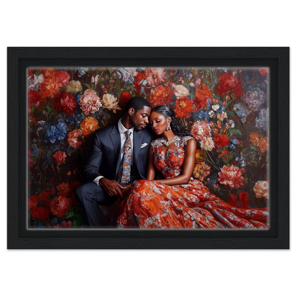 African American Giclée Canvas Print: Romantic Black Couple Floral Art for Living Room Decor and Wedding Gifts - MoomZee Artwork -