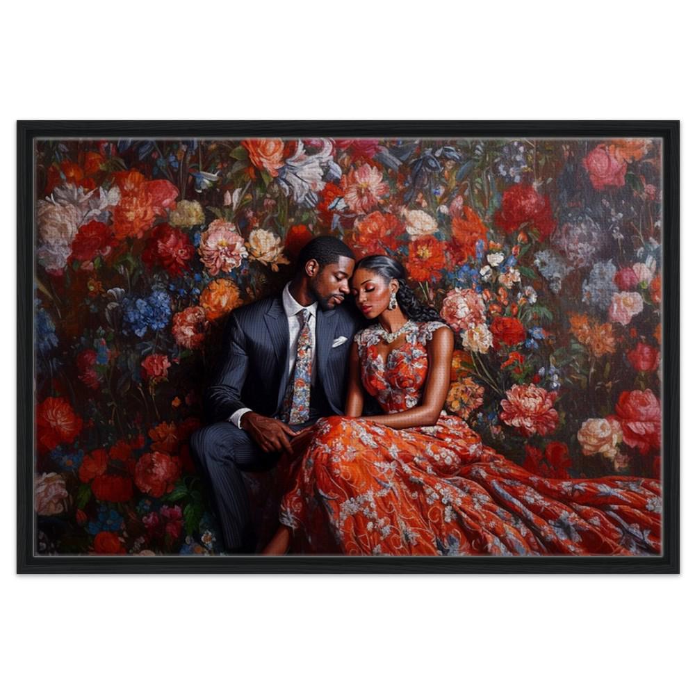 African American Giclée Canvas Print: Romantic Black Couple Floral Art for Living Room Decor and Wedding Gifts - MoomZee Artwork -