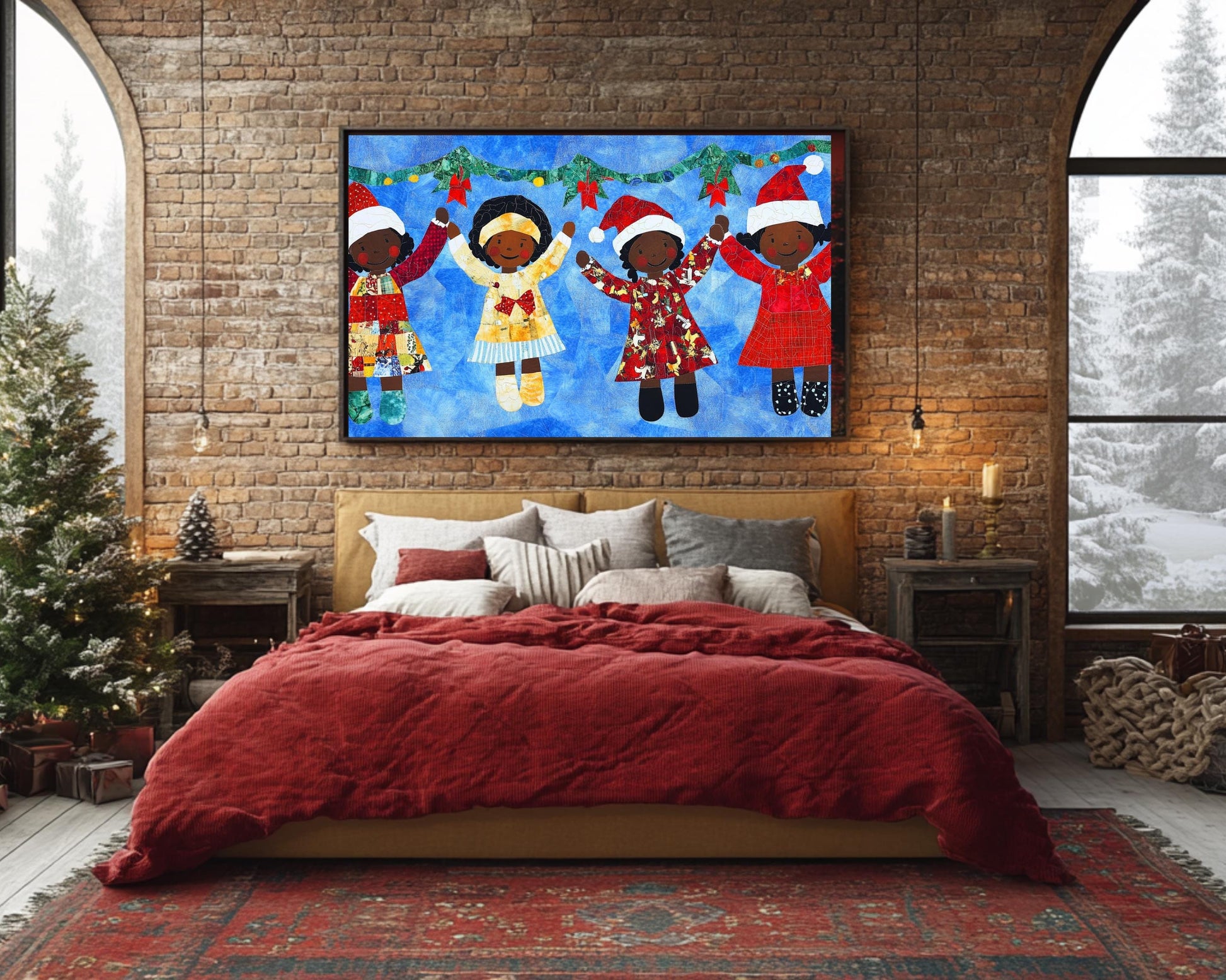 African American Holiday Quilt Art - Canvas Print for Kids Room Decor - MoomZee Artwork -