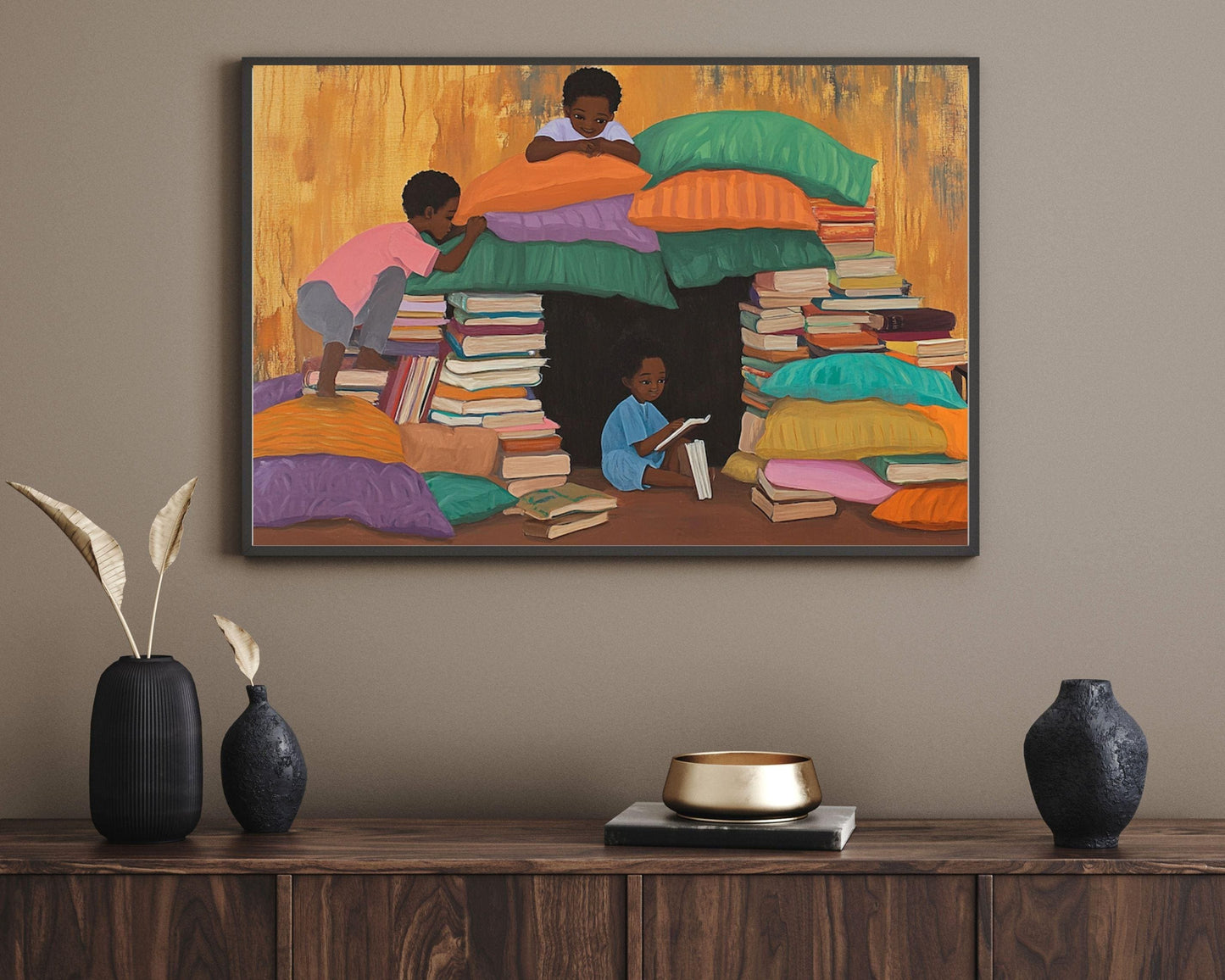 Afrocentric Canvas Print - Black Children Book Fort Art for Kids Room Decor - MoomZee Artwork -