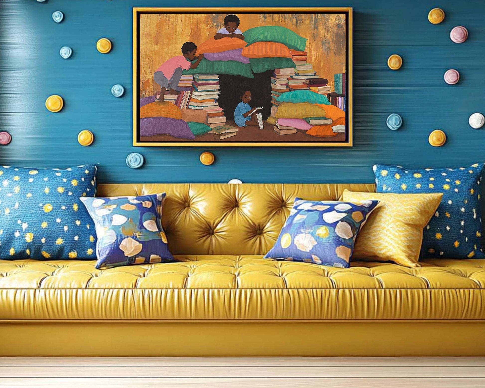 Afrocentric Canvas Print - Black Children Book Fort Art for Kids Room Decor - MoomZee Artwork -