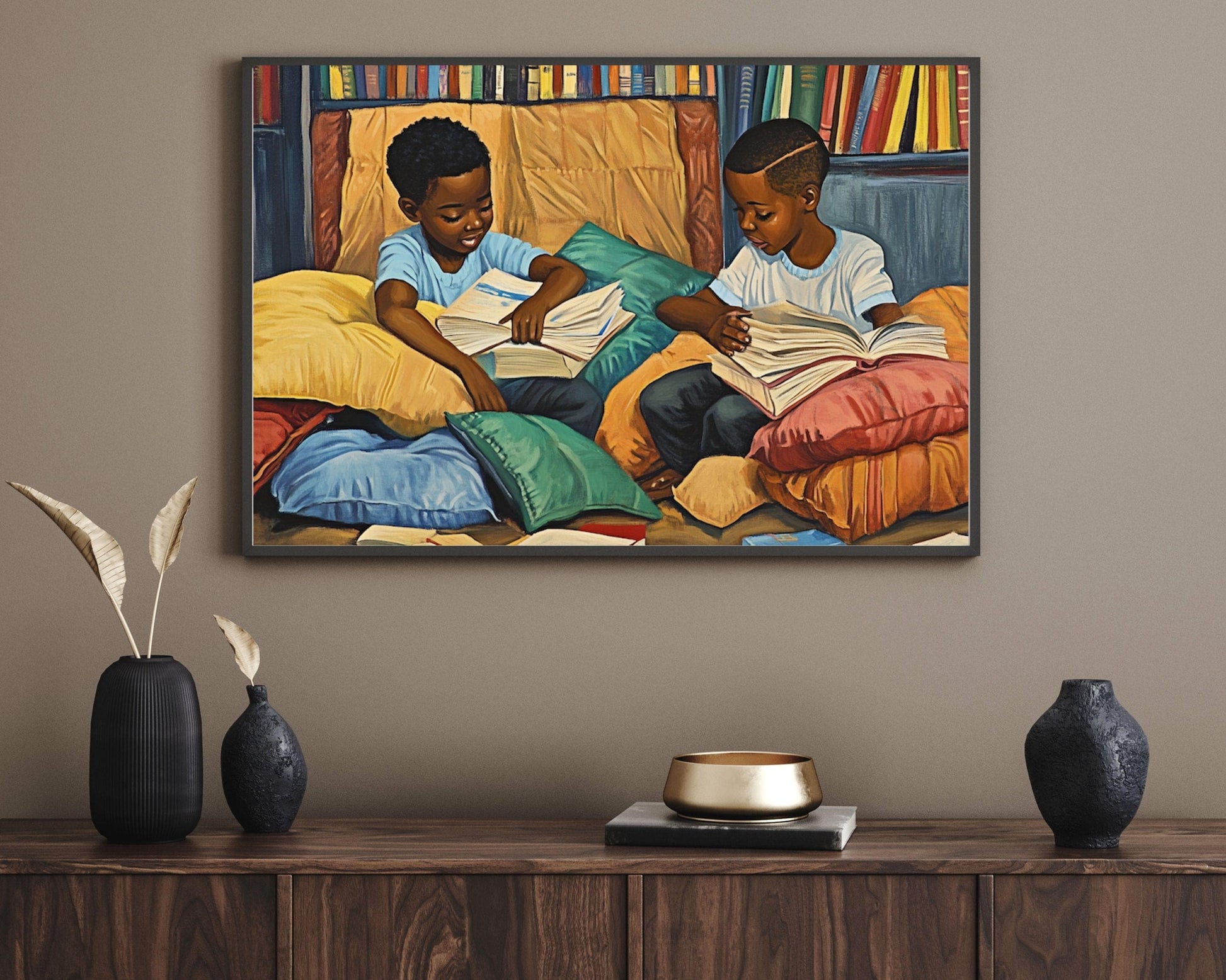 Afrocentric Canvas Print - Brotherhood & Learning - Kids Room & Home Library Decor - MoomZee Artwork -