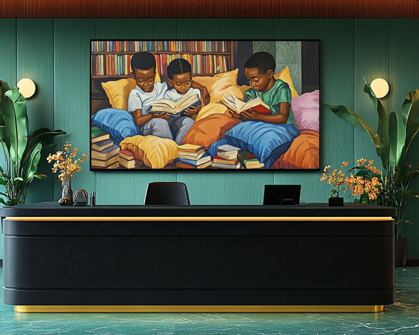 Afrocentric Canvas Print - Children's Reading Scene for Kids Room Decor - MoomZee Artwork -