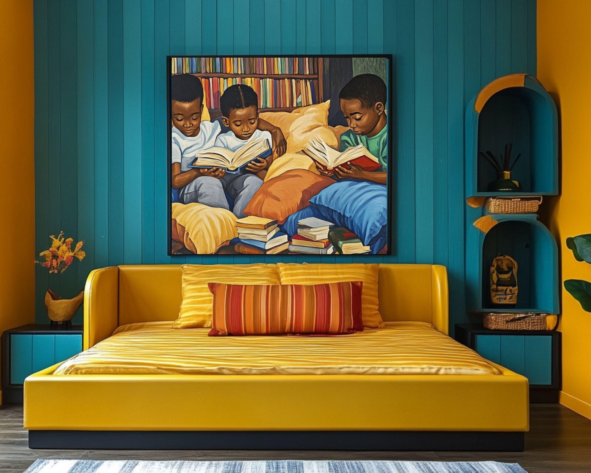 Afrocentric Canvas Print - Children's Reading Scene for Kids Room Decor - MoomZee Artwork -