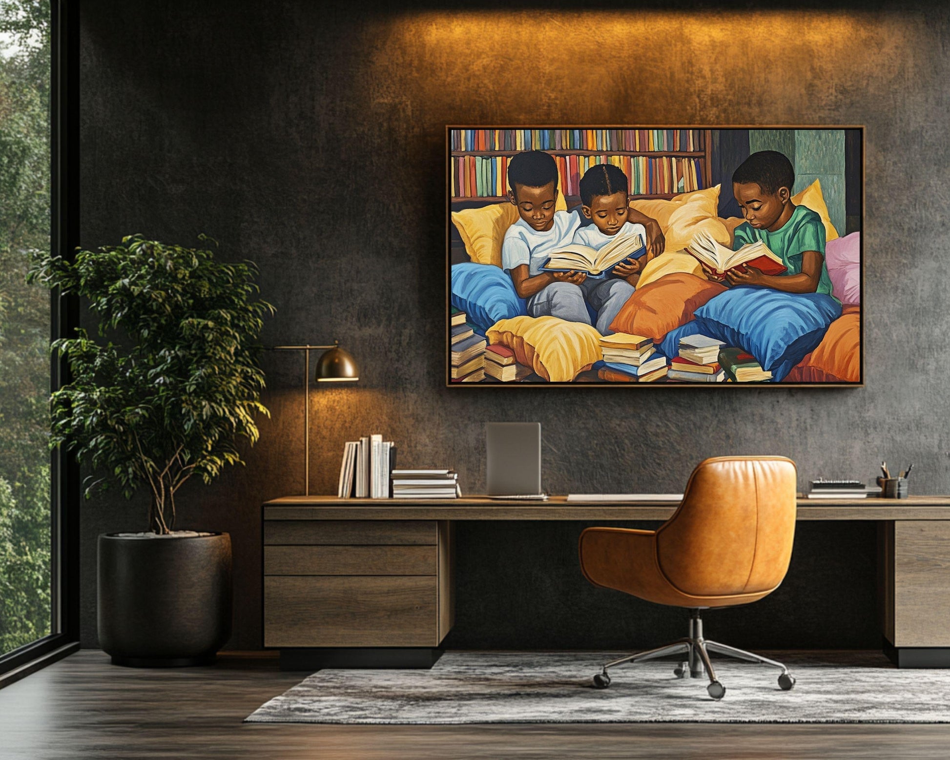 Afrocentric Canvas Print - Children's Reading Scene for Kids Room Decor - MoomZee Artwork -