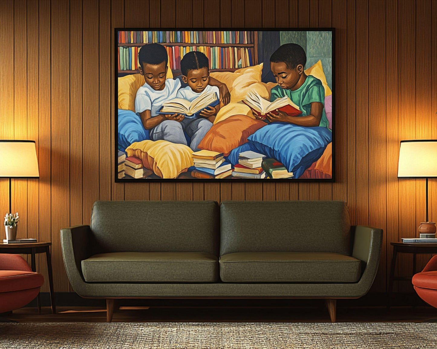 Afrocentric Canvas Print - Children's Reading Scene for Kids Room Decor - MoomZee Artwork -