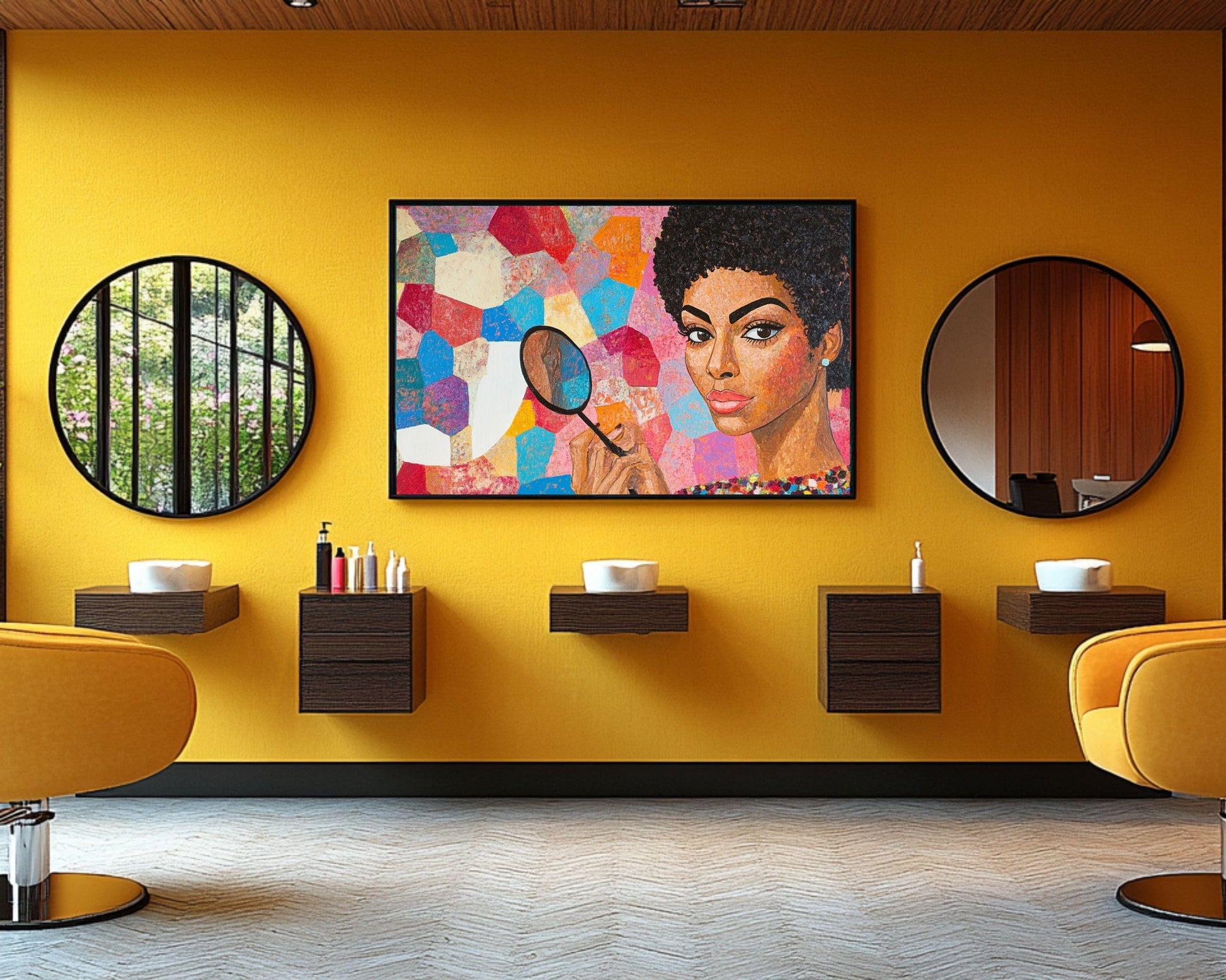 Afrocentric Empowerment Canvas Art – Abstract Black Woman with Magnifying Glass for Bold Living Room Decor - MoomZee Artwork -