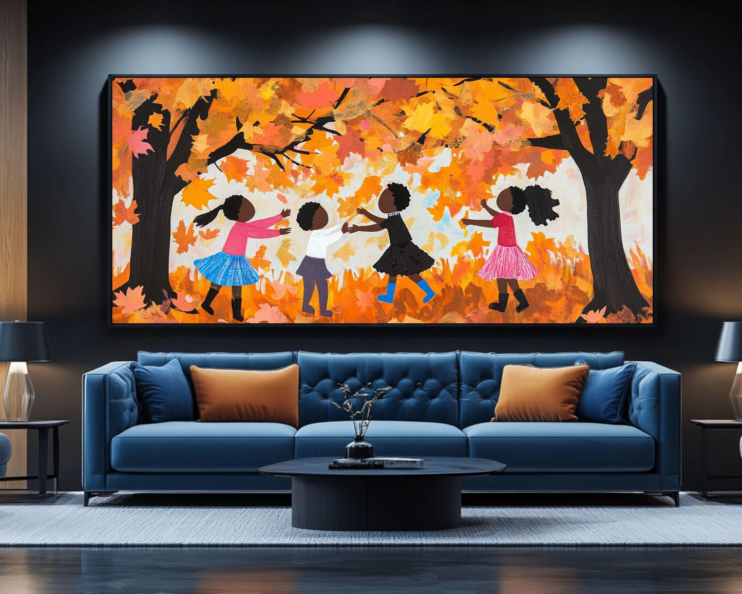 Autumn Joy Canvas Print - Black Children Collecting Fall Leaves Art for Kids Room Decor - MoomZee Artwork -