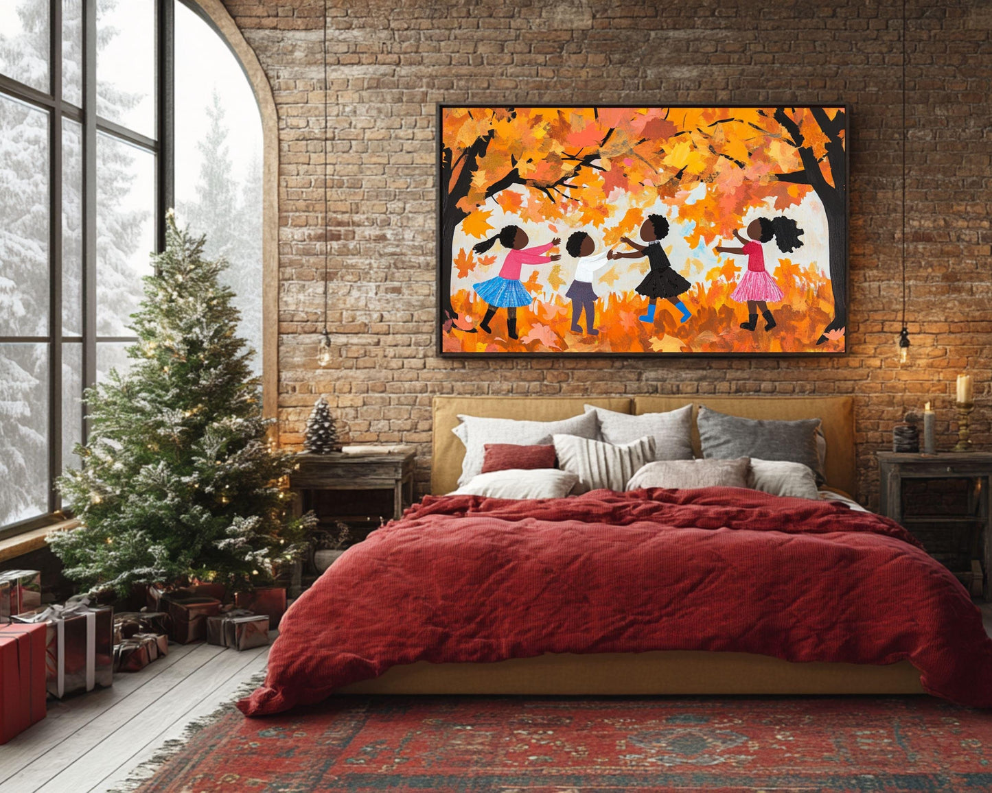 Autumn Joy Canvas Print - Black Children Collecting Fall Leaves Art for Kids Room Decor - MoomZee Artwork -