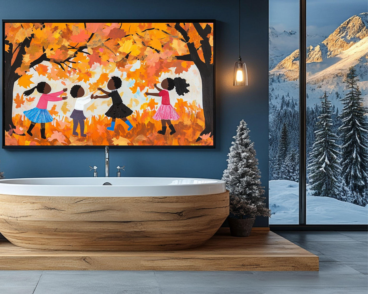 Autumn Joy Canvas Print - Black Children Collecting Fall Leaves Art for Kids Room Decor - MoomZee Artwork -