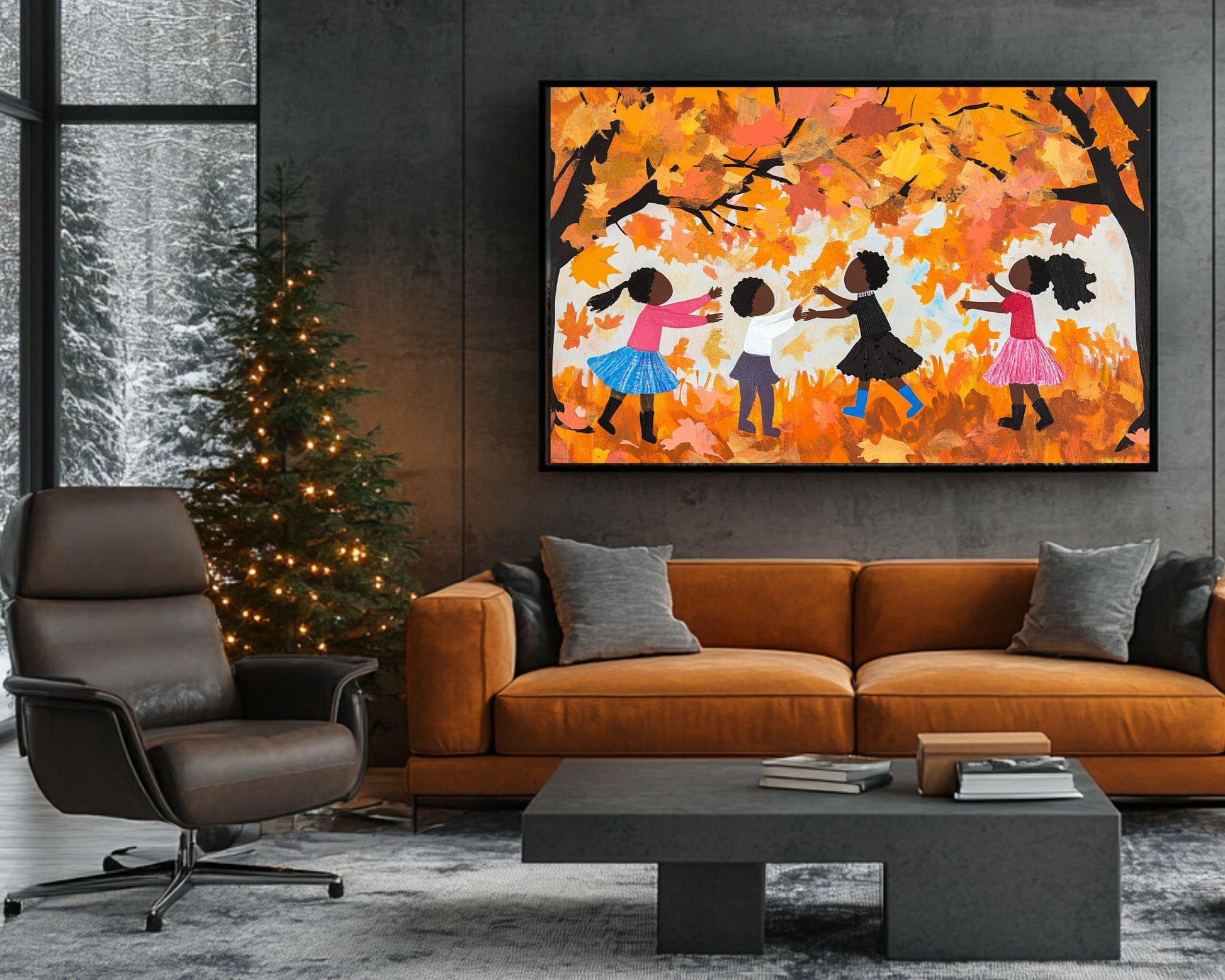 Autumn Joy Canvas Print - Black Children Collecting Fall Leaves Art for Kids Room Decor - MoomZee Artwork -