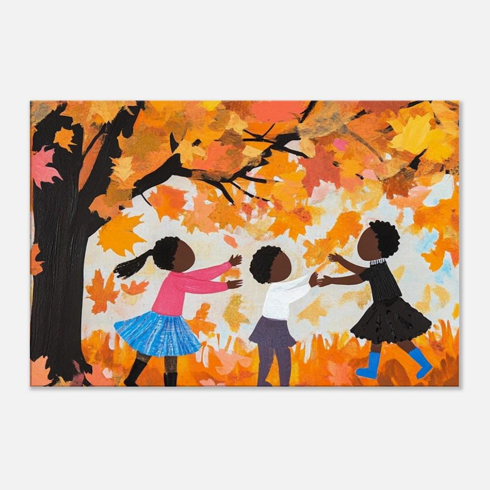 Autumn Joy Canvas Print - Black Children Collecting Fall Leaves Art for Kids Room Decor - MoomZee Artwork -