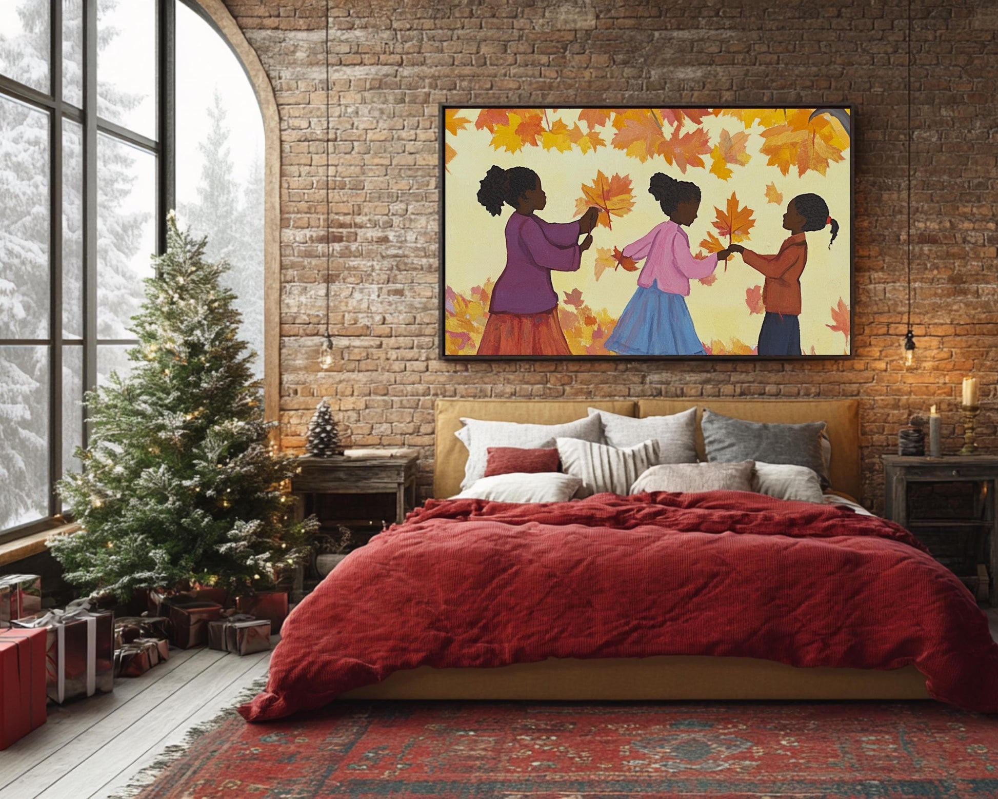 Autumn Leaves Canvas Print - Kids Room Decor with Black Children Playing | Festive Fall Home Art - MoomZee Artwork -