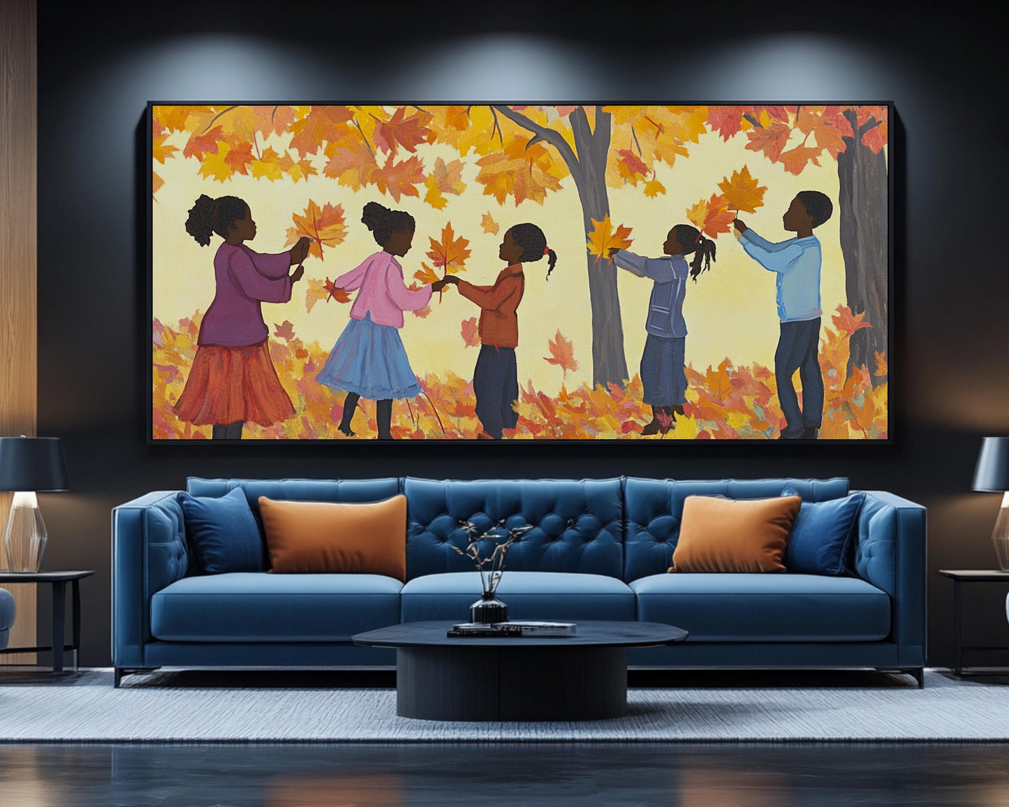 Autumn Leaves Canvas Print - Kids Room Decor with Black Children Playing | Festive Fall Home Art - MoomZee Artwork -